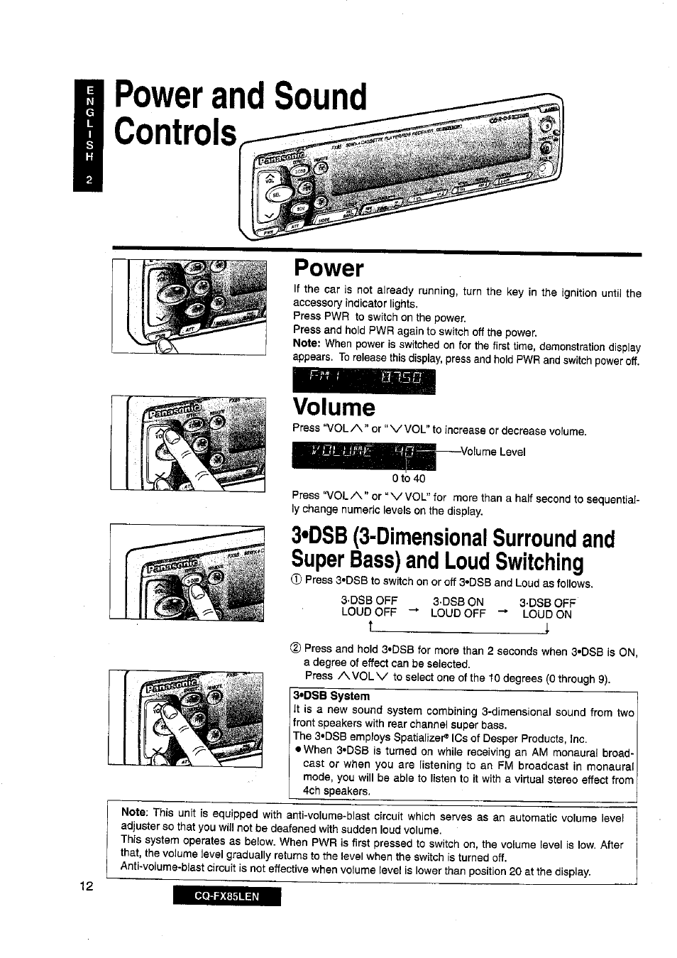 H power and sound h controls, Power, Volume | Power and sound controls | Panasonic CQ-FX85LEN User Manual | Page 5 / 35