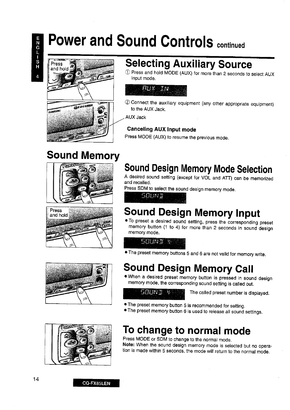 Power and sound controls, Selecting auxiliary source, Sound design memory mode selection | Sound design memory input, Sound design memory call, To change to normal mode | Panasonic CQ-FX85LEN User Manual | Page 7 / 35