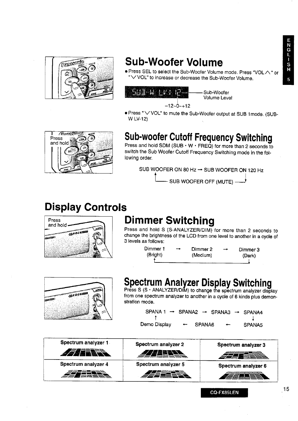 Sub-woofer volume, Sub-woofer cutoff frequency switching, Display controls | Dimmer switching, Spectrum analyzer display switching, Display controls dimmer switching | Panasonic CQ-FX85LEN User Manual | Page 8 / 35