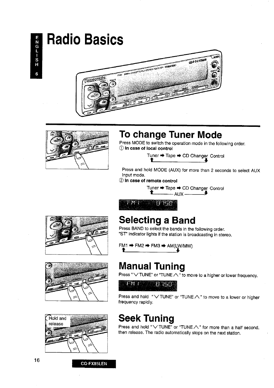 Radio basics, To change tuner mode, Selecting a band | Manual tuning, Seek tuning | Panasonic CQ-FX85LEN User Manual | Page 9 / 35
