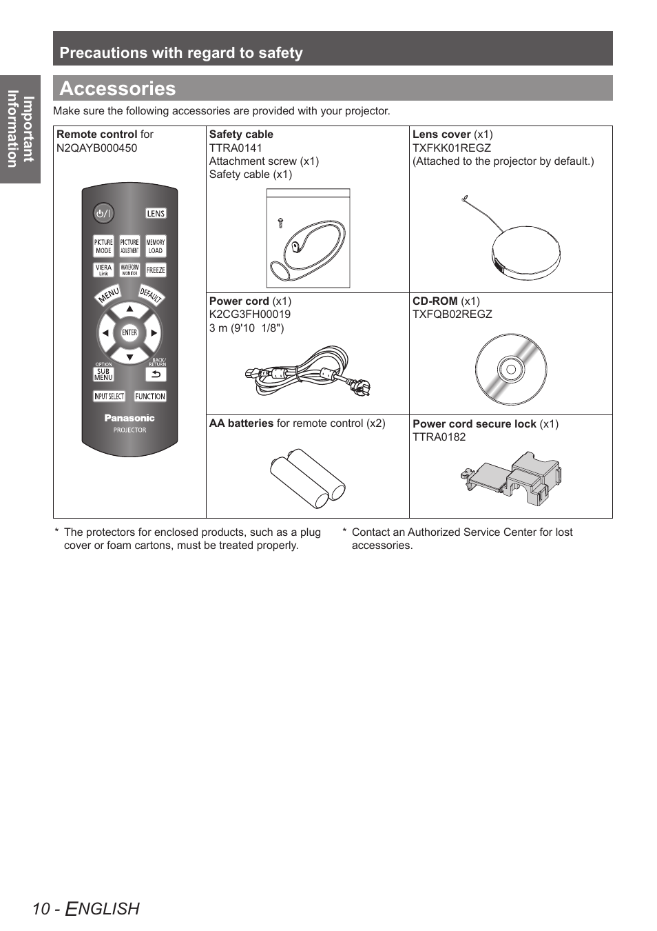 Accessories, Nglish, Precautions with regard to safety | Panasonic PT-AE4000U User Manual | Page 10 / 36