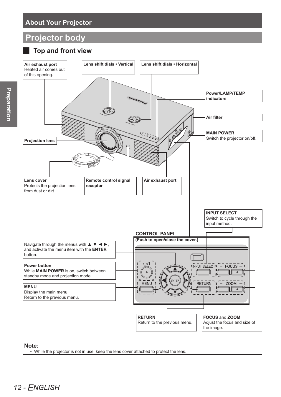 Projector body, Nglish, About your projector | Top and front view j, Preparation | Panasonic PT-AE4000U User Manual | Page 12 / 36