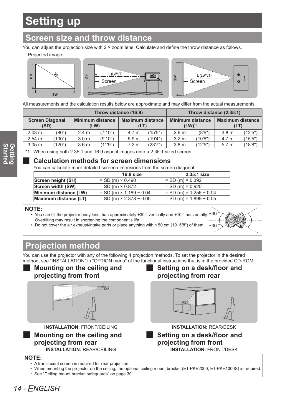 Getting started, Setting up, Screen size and throw distance | Projection method, Nglish, J calculation methods for screen dimensions | Panasonic PT-AE4000U User Manual | Page 14 / 36