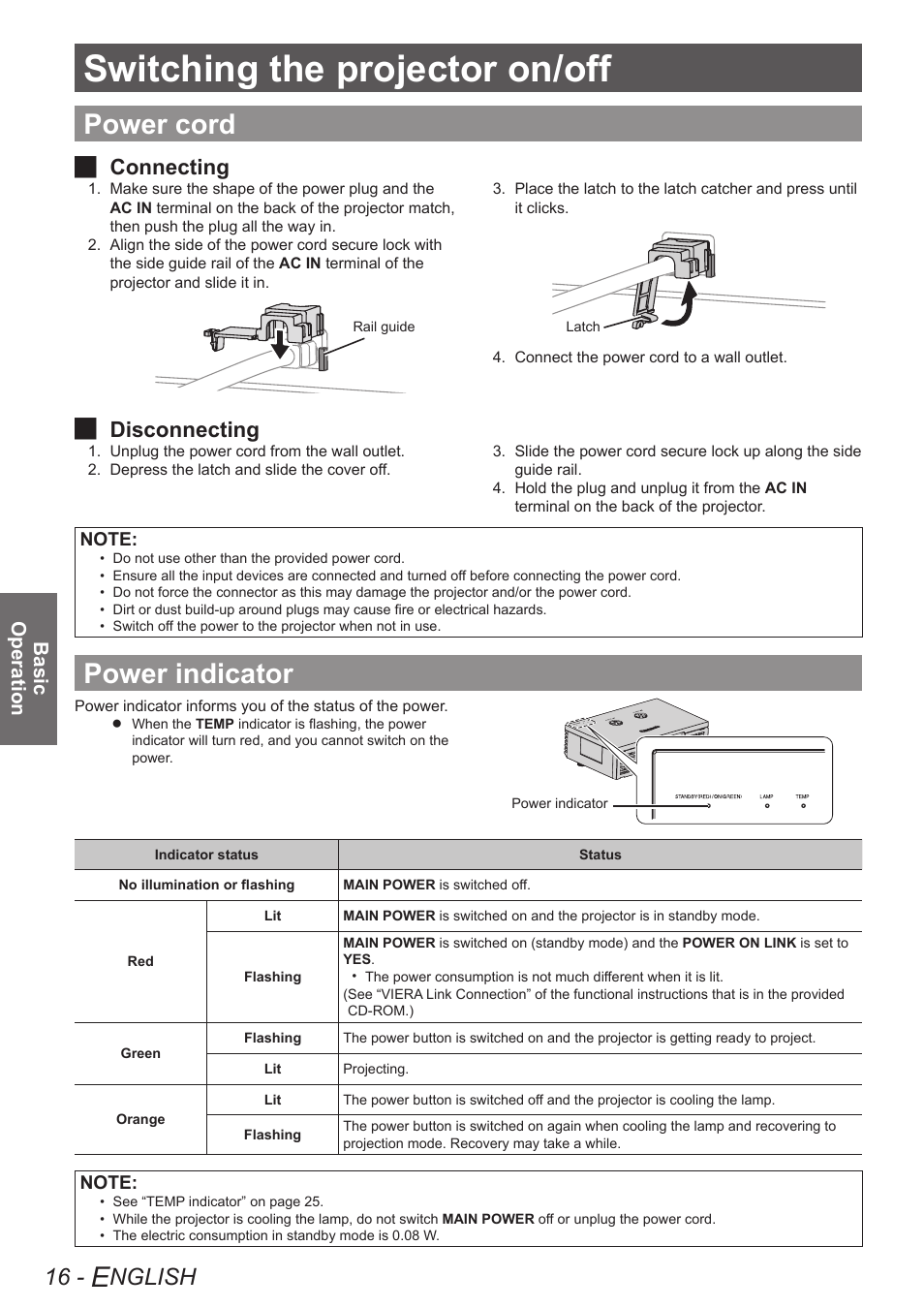 Basic operation, Switching the projector on/off, Power cord | Power indicator, Nglish, Connecting j, Disconnecting j | Panasonic PT-AE4000U User Manual | Page 16 / 36