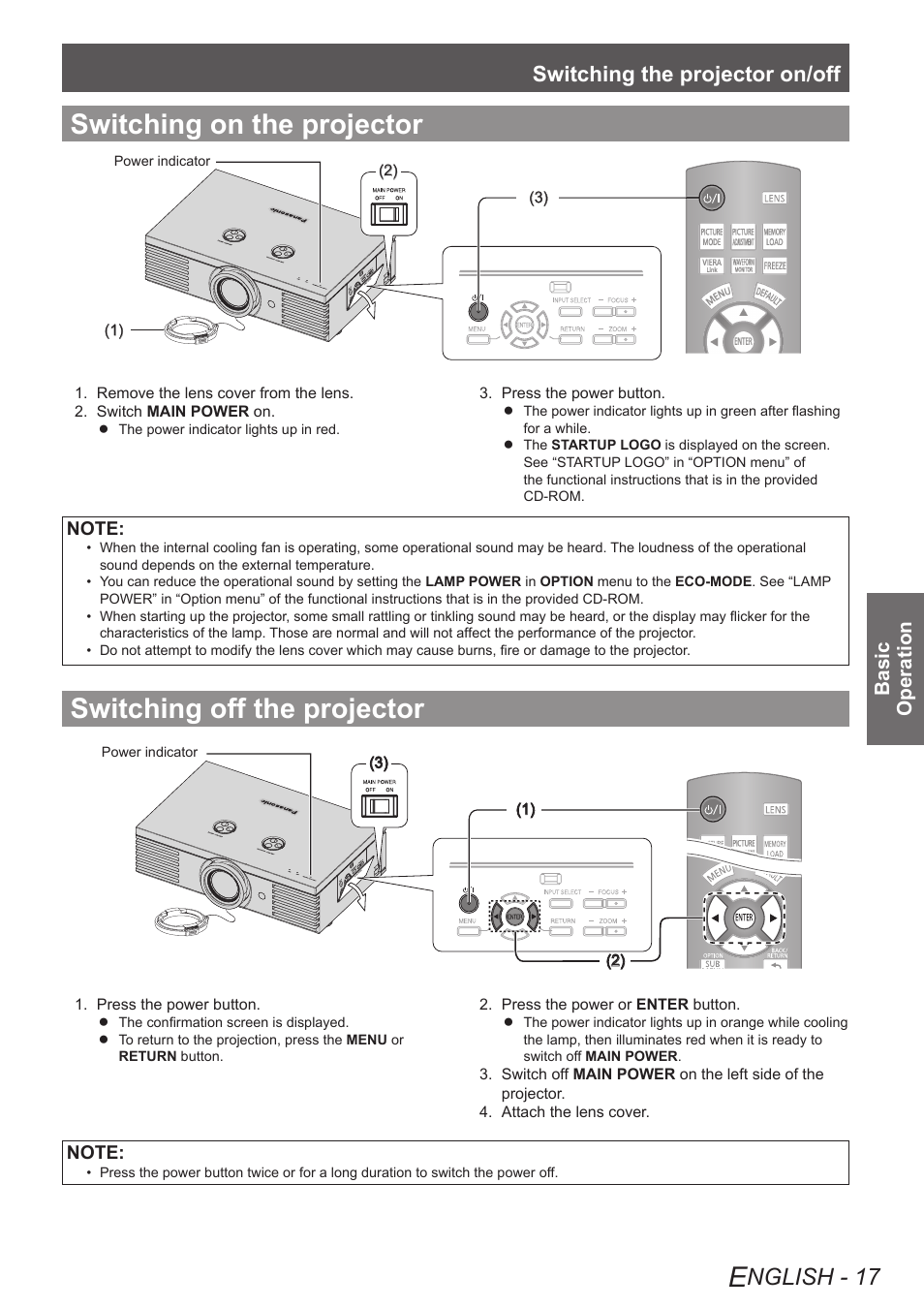 Switching on the projector, Switching off the projector, Nglish - 17 | Switching the projector on/off, Basic operation | Panasonic PT-AE4000U User Manual | Page 17 / 36