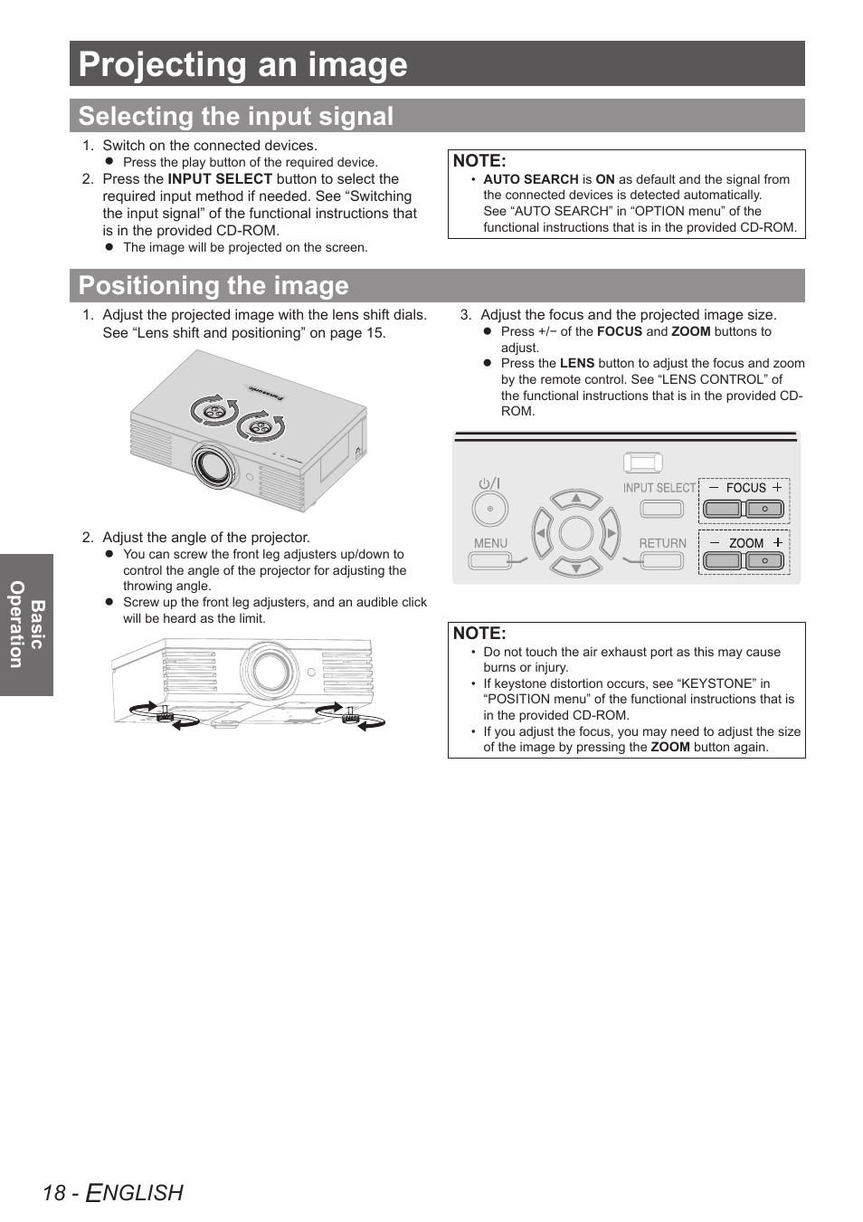 Projecting an image, Selecting the input signal, Positioning the image | Nglish, Basic operation | Panasonic PT-AE4000U User Manual | Page 18 / 36