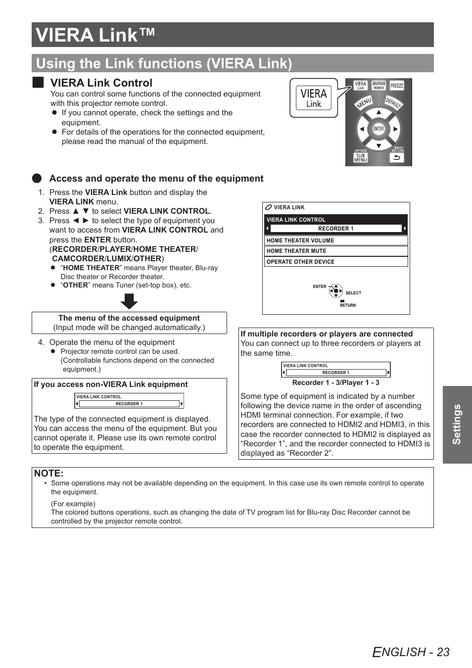 Viera link, Using the link functions (viera link), Nglish - 23 | Viera link control j, Settings | Panasonic PT-AE4000U User Manual | Page 23 / 36