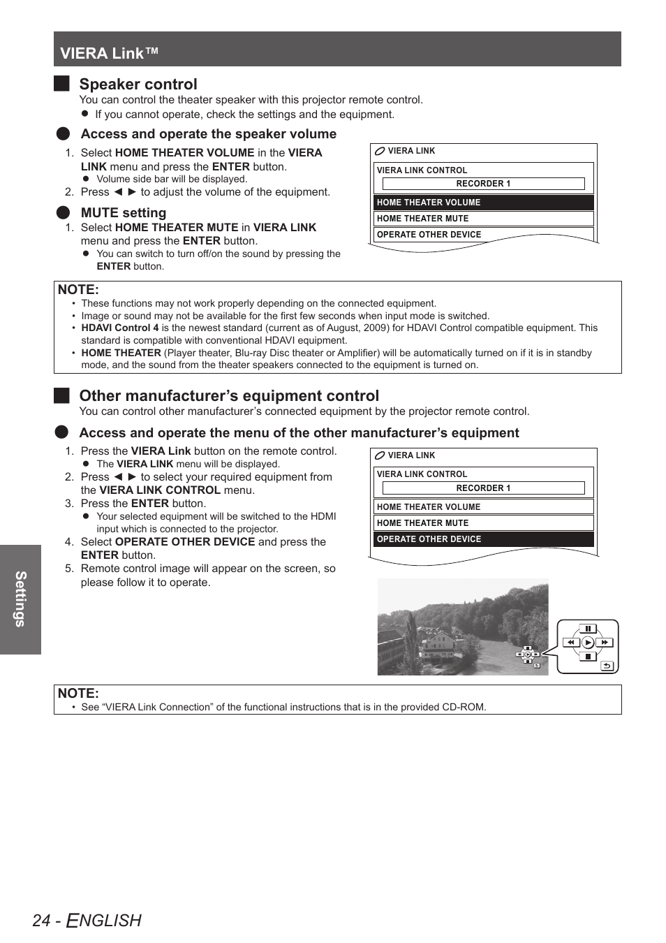 Nglish, Viera link, Speaker control j | Other manufacturer’s equipment control j, Settings | Panasonic PT-AE4000U User Manual | Page 24 / 36