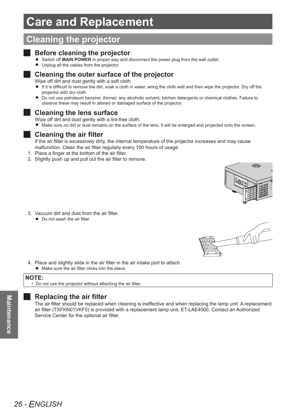 Care and replacement, Cleaning the projector, Nglish | Before cleaning the projector j, Cleaning the outer surface of the projector j, Cleaning the lens surface j, Cleaning the air filter j, J replacing the air filter | Panasonic PT-AE4000U User Manual | Page 26 / 36