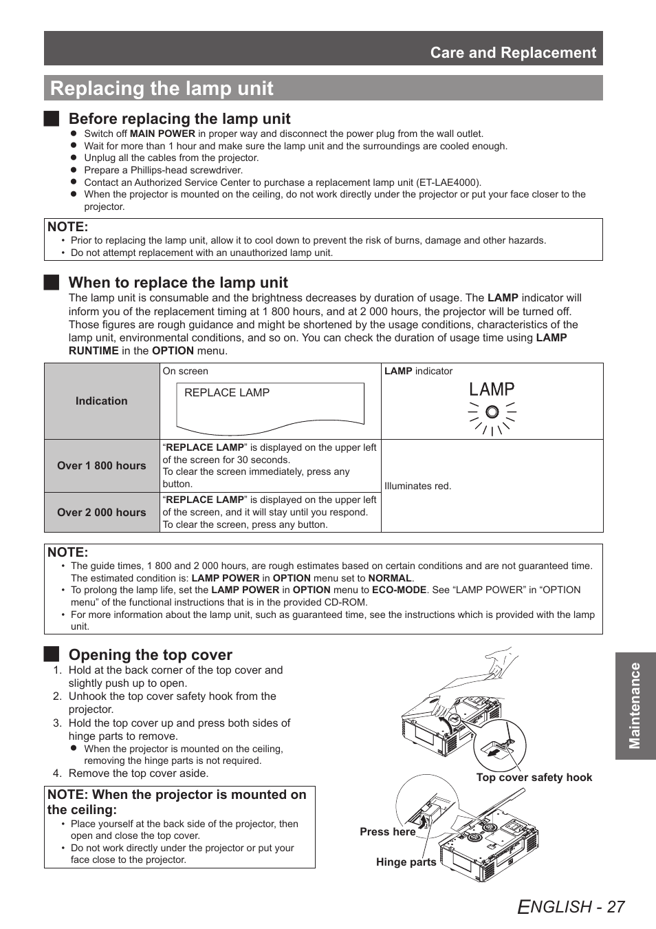 Replacing the lamp unit, Nglish - 27, Care and replacement | Before replacing the lamp unit j, When to replace the lamp unit j, J opening the top cover, Maintenance | Panasonic PT-AE4000U User Manual | Page 27 / 36