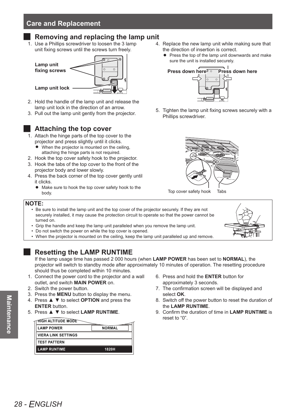 Nglish, Care and replacement, Removing and replacing the lamp unit j | Attaching the top cover j, Resetting the j lamp runtime, Maintenance | Panasonic PT-AE4000U User Manual | Page 28 / 36