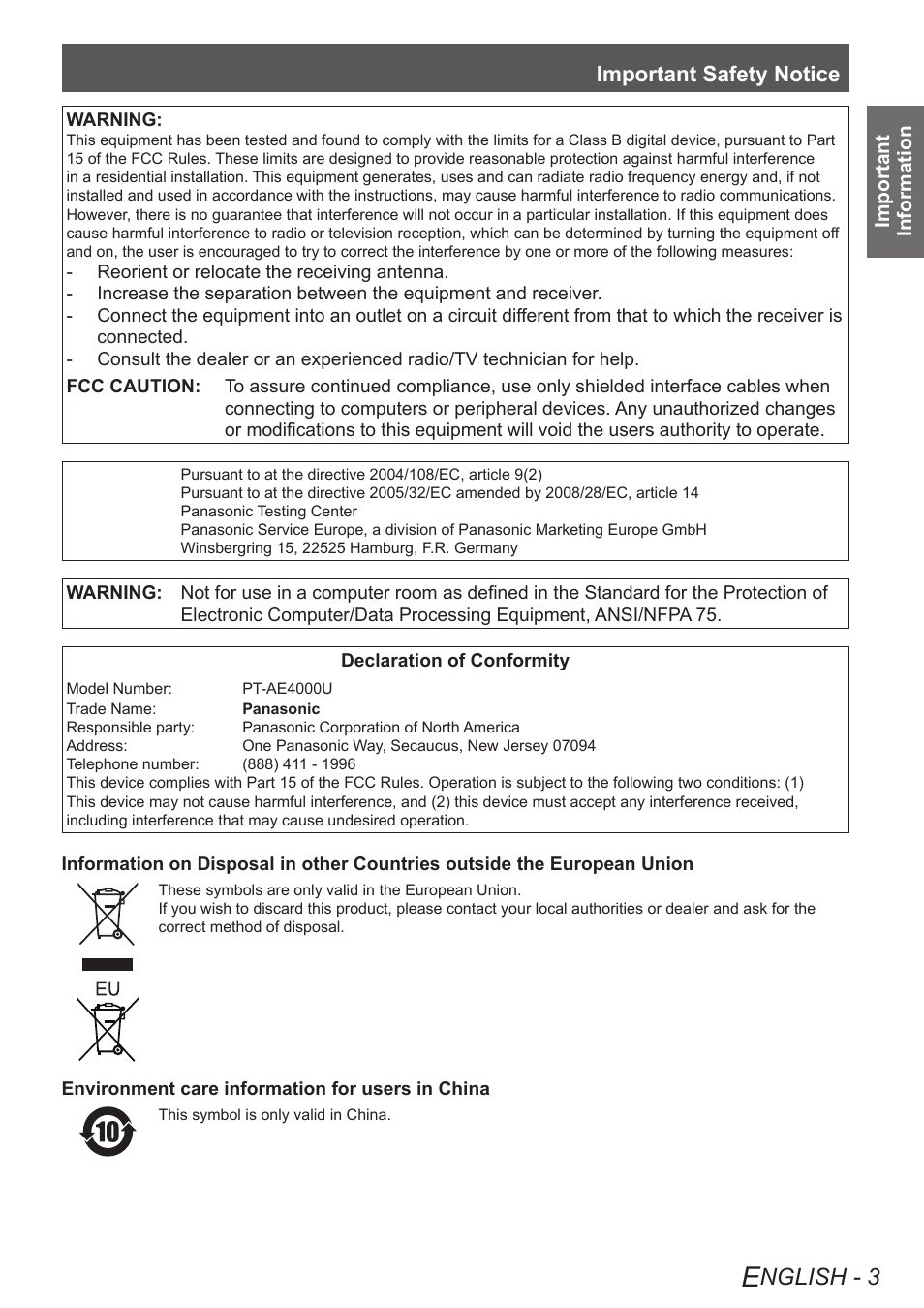 Nglish - 3, Important safety notice | Panasonic PT-AE4000U User Manual | Page 3 / 36