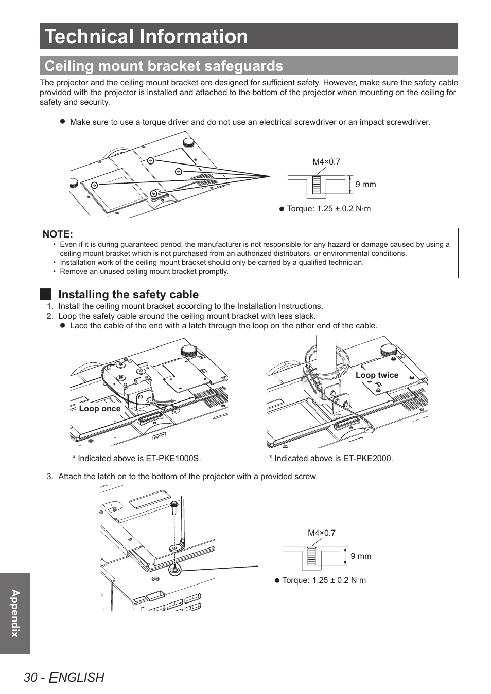 Appendix, Technical information, Ceiling mount bracket safeguards | Nglish, Installing the safety cable j | Panasonic PT-AE4000U User Manual | Page 30 / 36