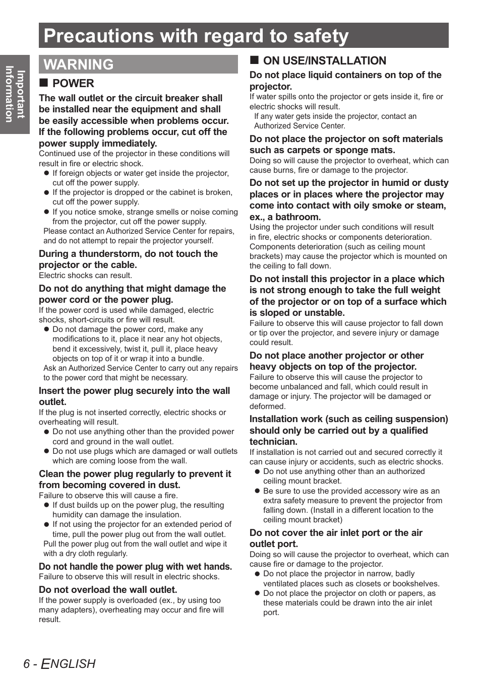 Precautions with regard to safety, Warning, Nglish | Power, On use/installation | Panasonic PT-AE4000U User Manual | Page 6 / 36