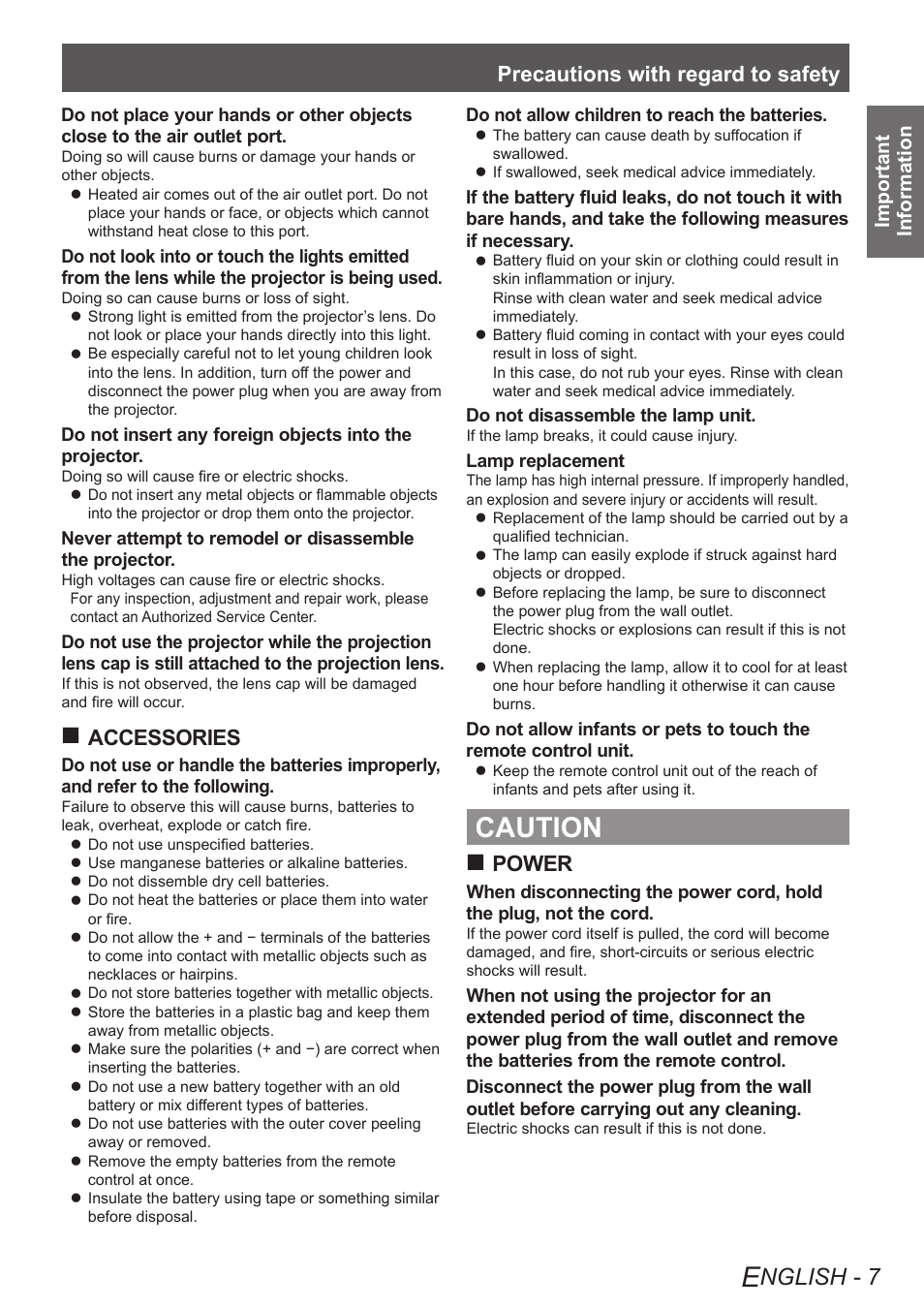 Caution, Nglish - 7, Precautions with regard to safety | Accessories, Power | Panasonic PT-AE4000U User Manual | Page 7 / 36