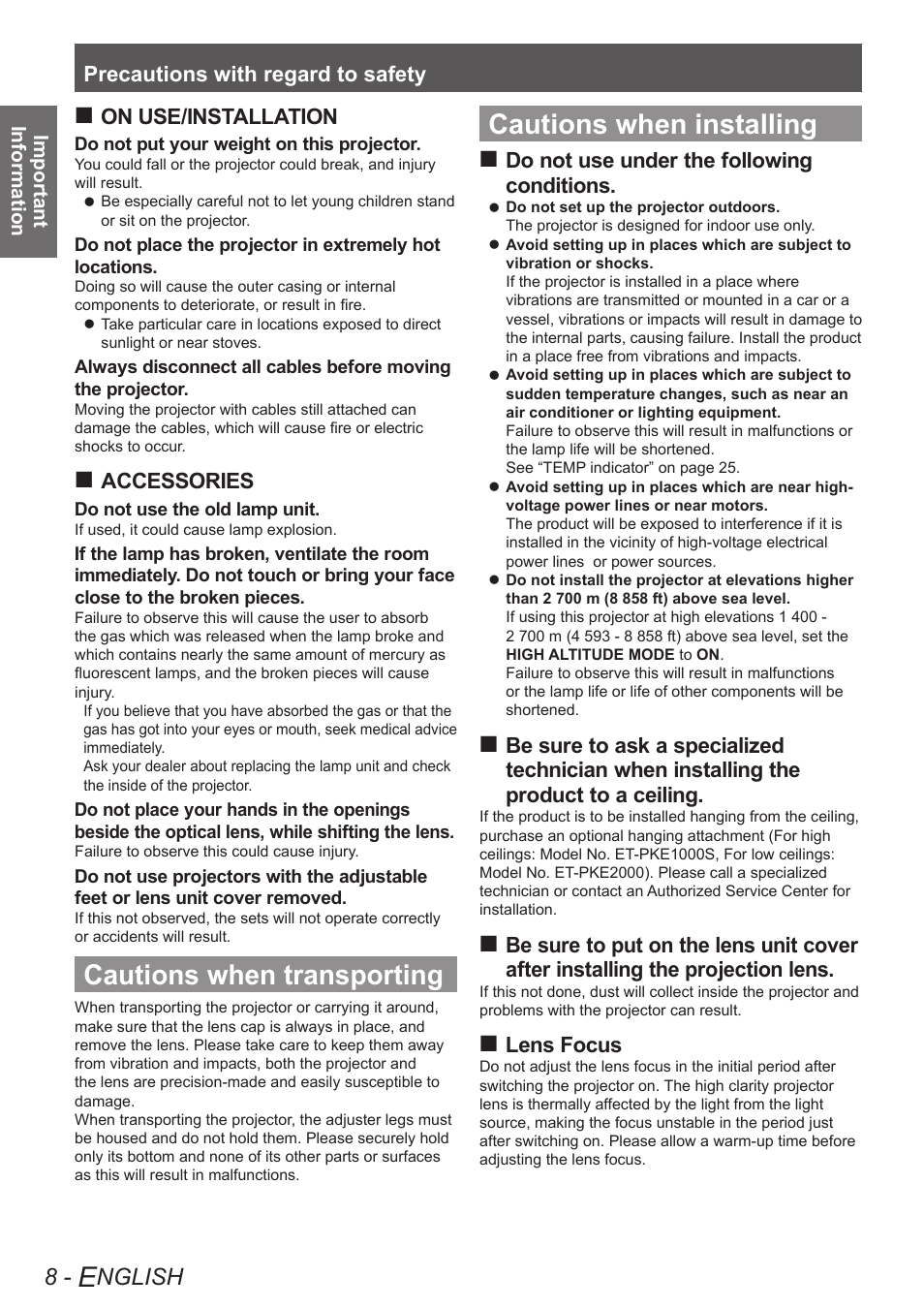 Cautions when transporting, Cautions when installing, Nglish | Precautions with regard to safety, On use/installation, Accessories, Do not use under the following  conditions, Lens focus | Panasonic PT-AE4000U User Manual | Page 8 / 36