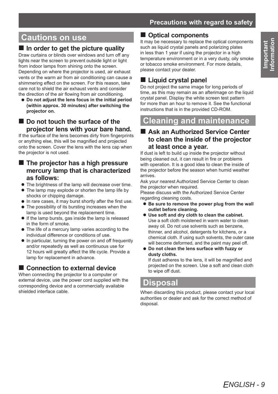 Cautions on use, Cleaning and maintenance, Disposal | Nglish - 9, Precautions with regard to safety, Connection to external device, Optical components, Liquid crystal panel | Panasonic PT-AE4000U User Manual | Page 9 / 36