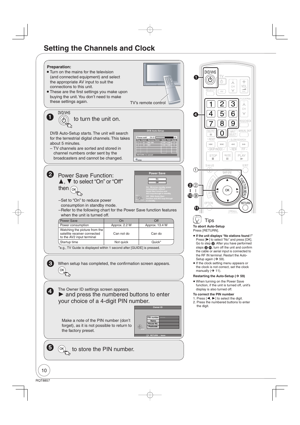 Setting the channels and clock, Tips | Panasonic DMR-EZ47VEB User Manual | Page 10 / 96
