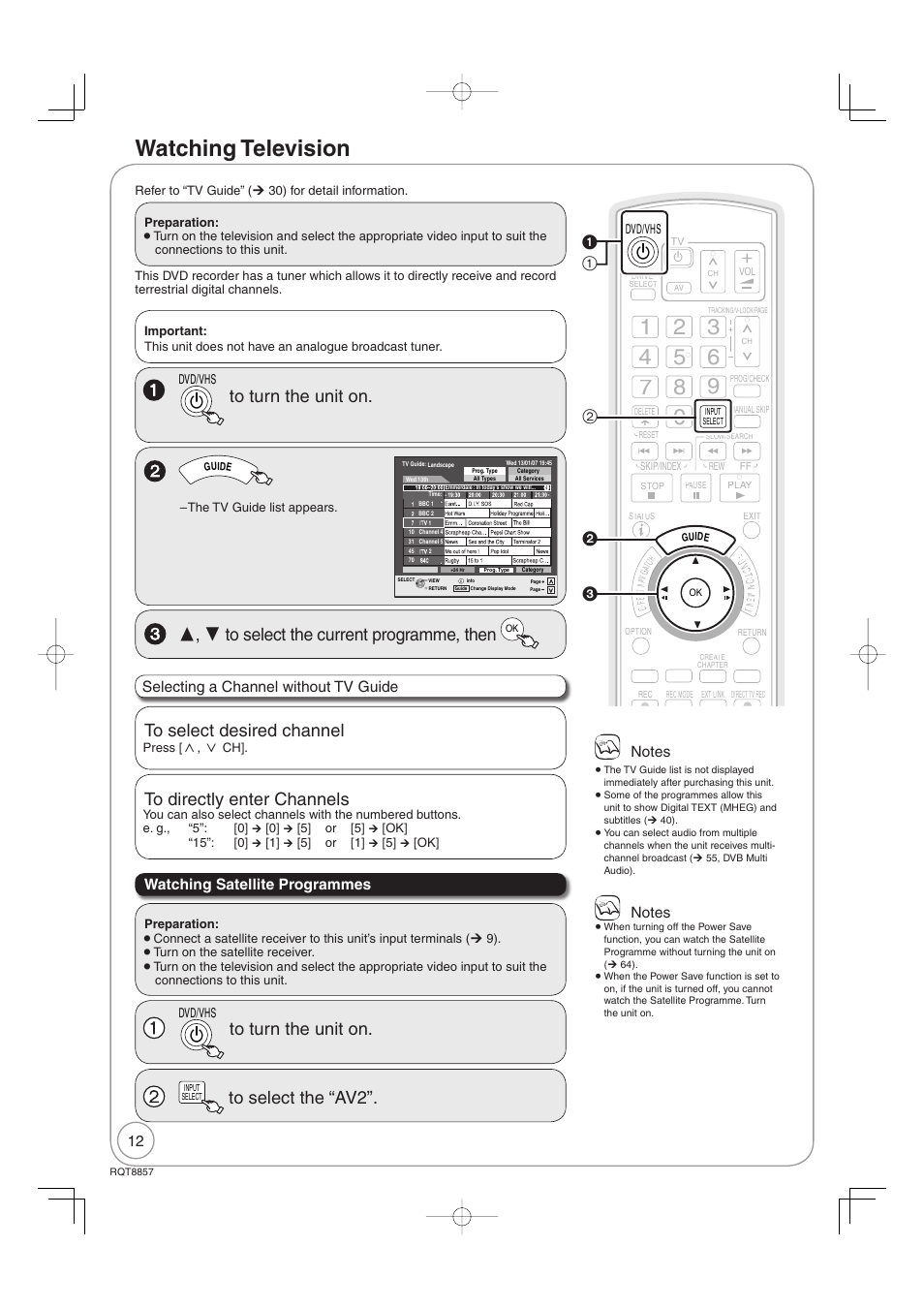 Watching television, Selecting a channel without tv guide, Watching satellite programmes | Panasonic DMR-EZ47VEB User Manual | Page 12 / 96