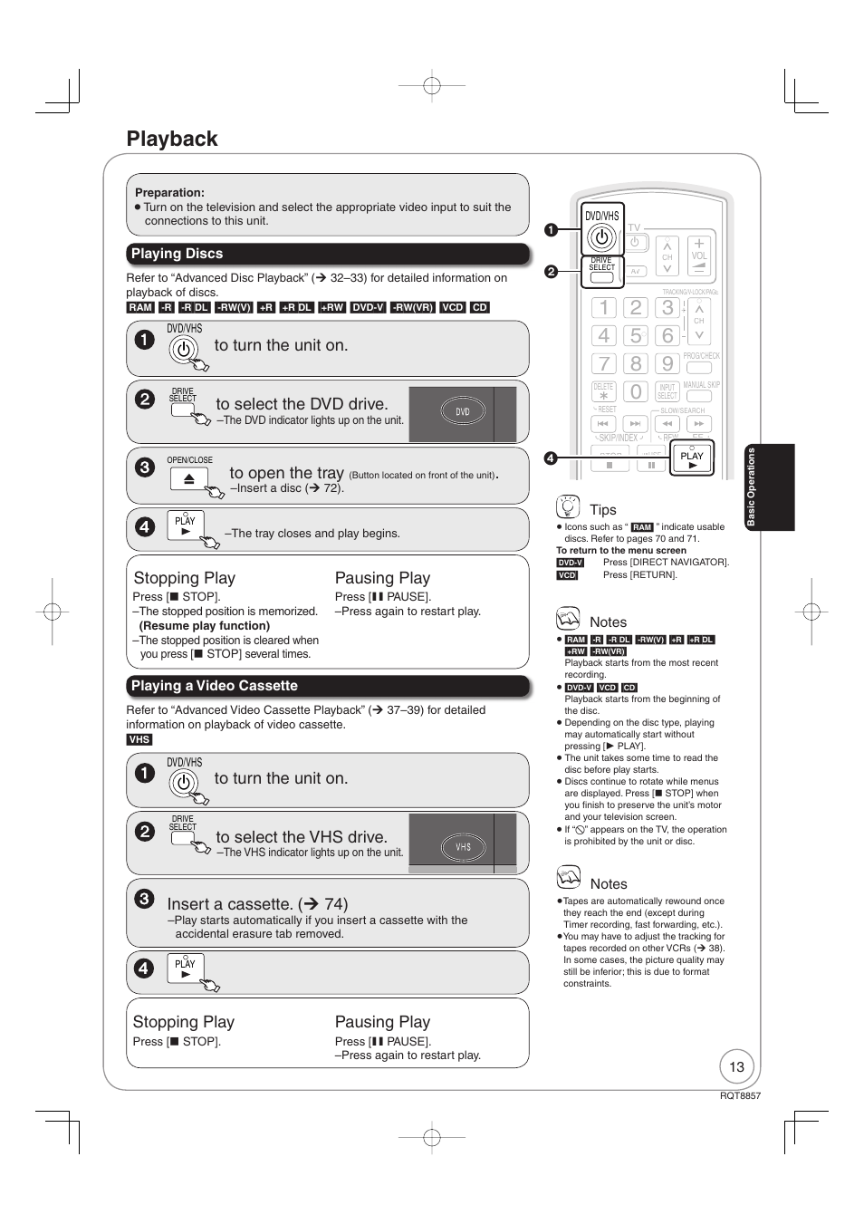Playback, Insert a cassette. ( ¼ 74), Stopping play | Pausing play | Panasonic DMR-EZ47VEB User Manual | Page 13 / 96