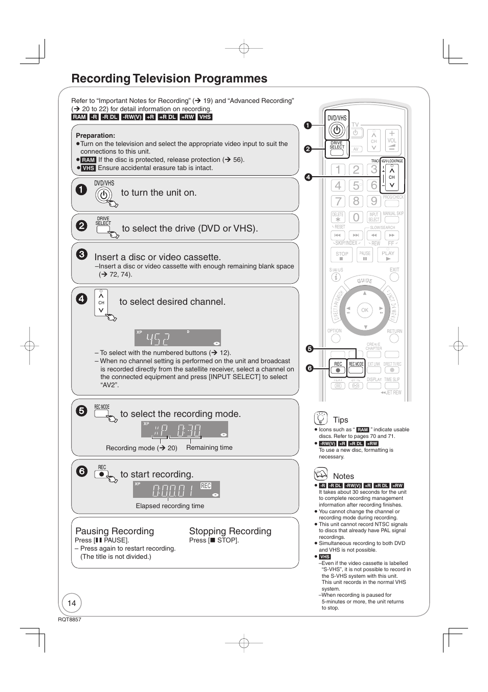 Recording television programmes, Pausing recording, Stopping recording | Panasonic DMR-EZ47VEB User Manual | Page 14 / 96