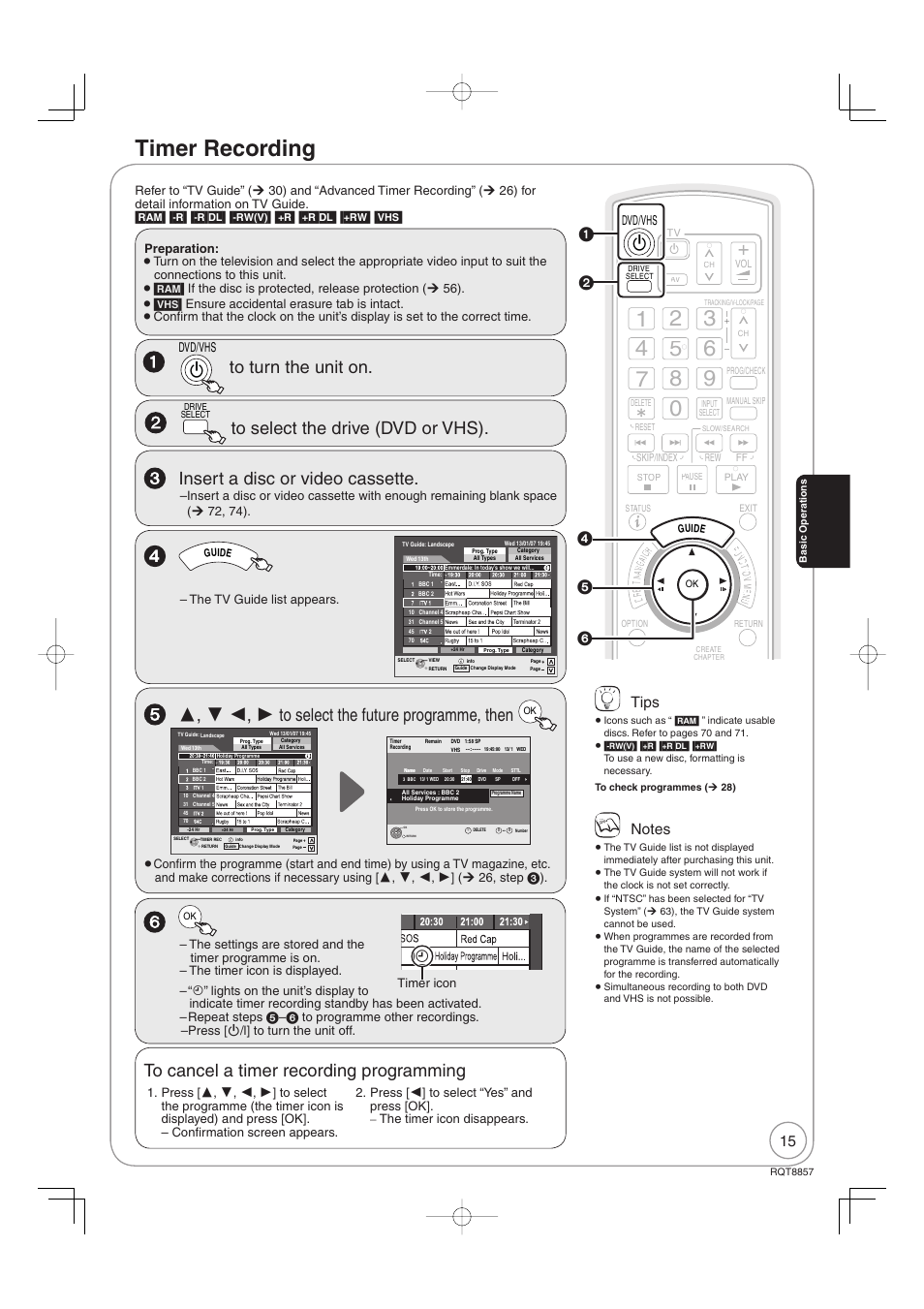 Timer recording, Tips | Panasonic DMR-EZ47VEB User Manual | Page 15 / 96