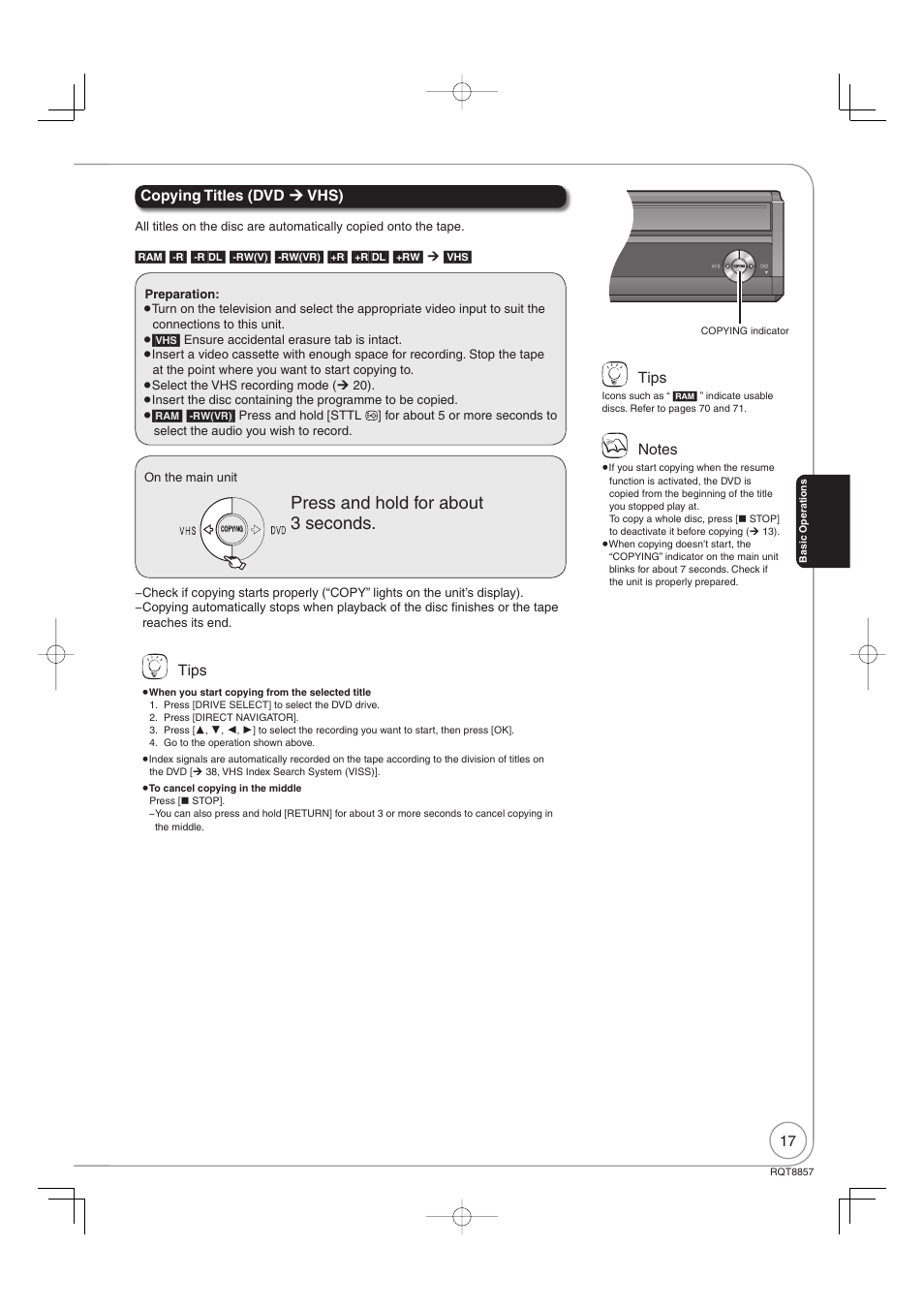 Press and hold for about 3 seconds, Copying titles (dvd ¼ vhs), Tips | Panasonic DMR-EZ47VEB User Manual | Page 17 / 96