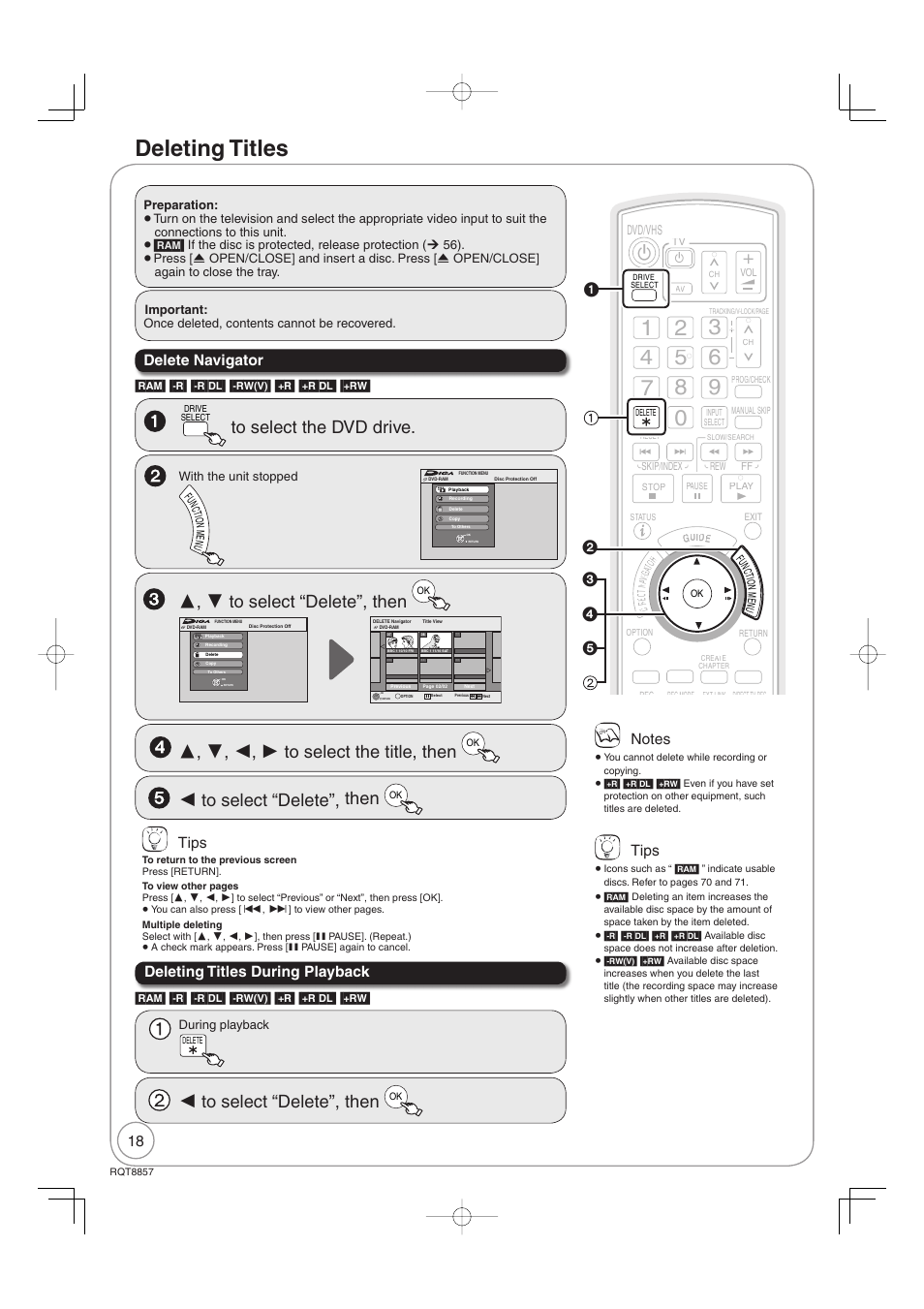 Deleting titles, Tips, Delete navigator | Deleting titles during playback | Panasonic DMR-EZ47VEB User Manual | Page 18 / 96