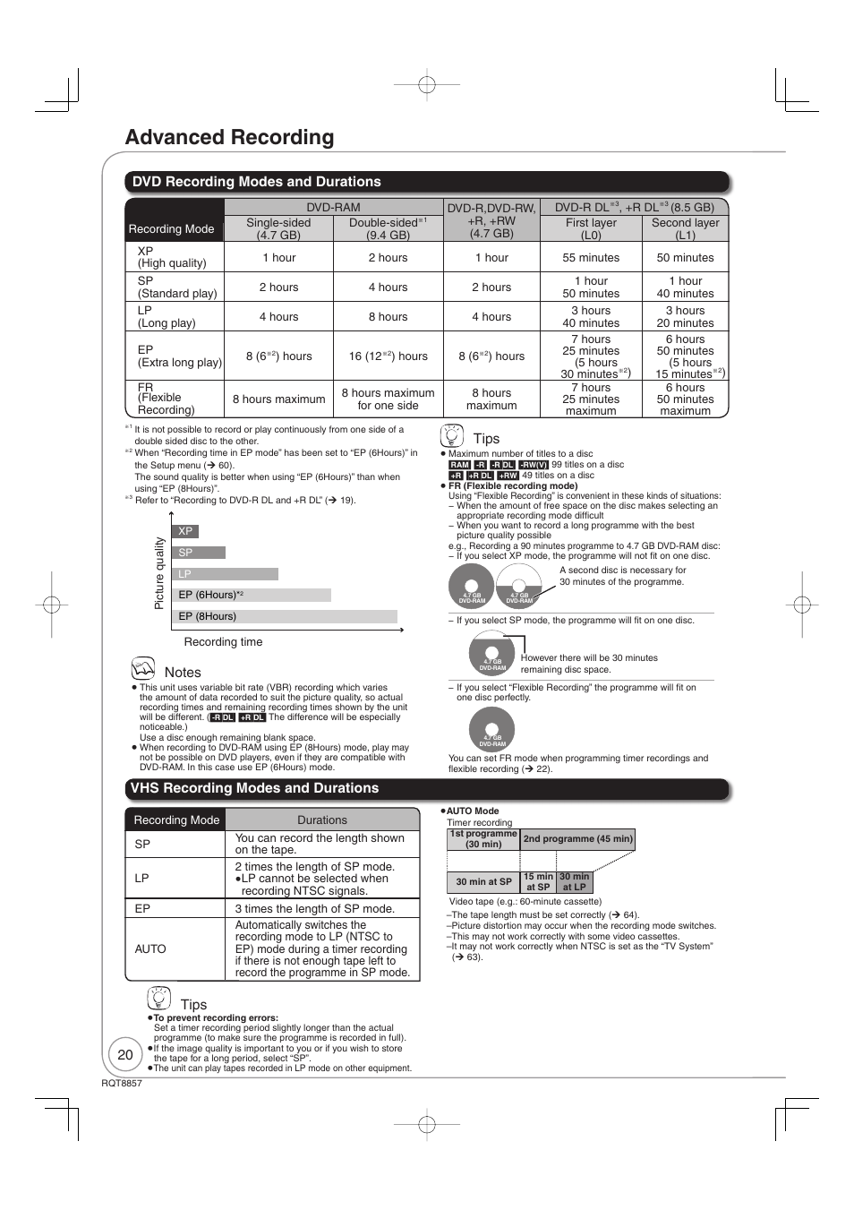 Advanced recording, Dvd recording modes and durations, Tips | Vhs recording modes and durations tips | Panasonic DMR-EZ47VEB User Manual | Page 20 / 96