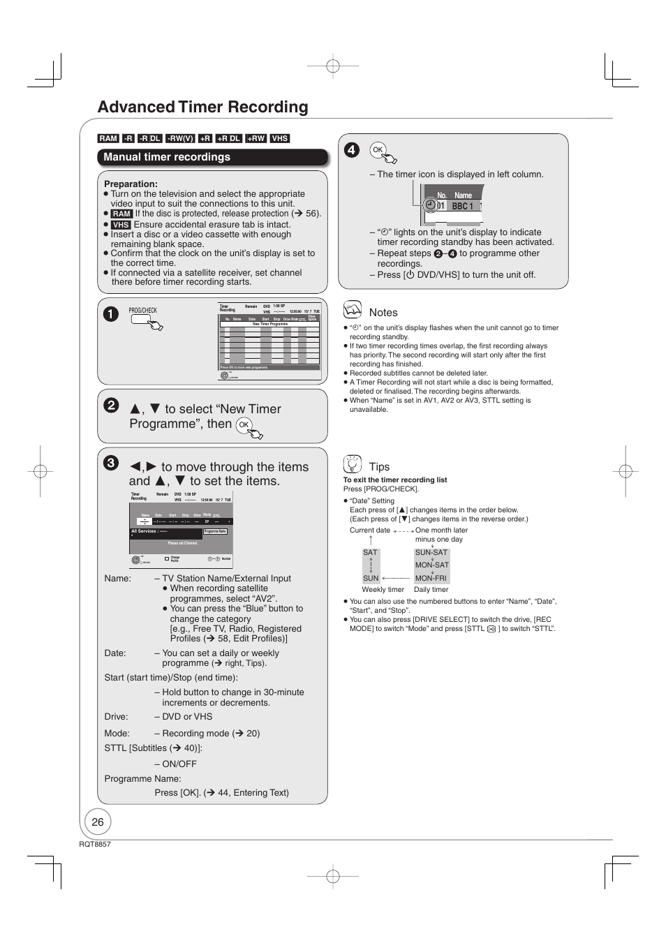 Advanced timer recording, Manual timer recordings, Tips | Panasonic DMR-EZ47VEB User Manual | Page 26 / 96