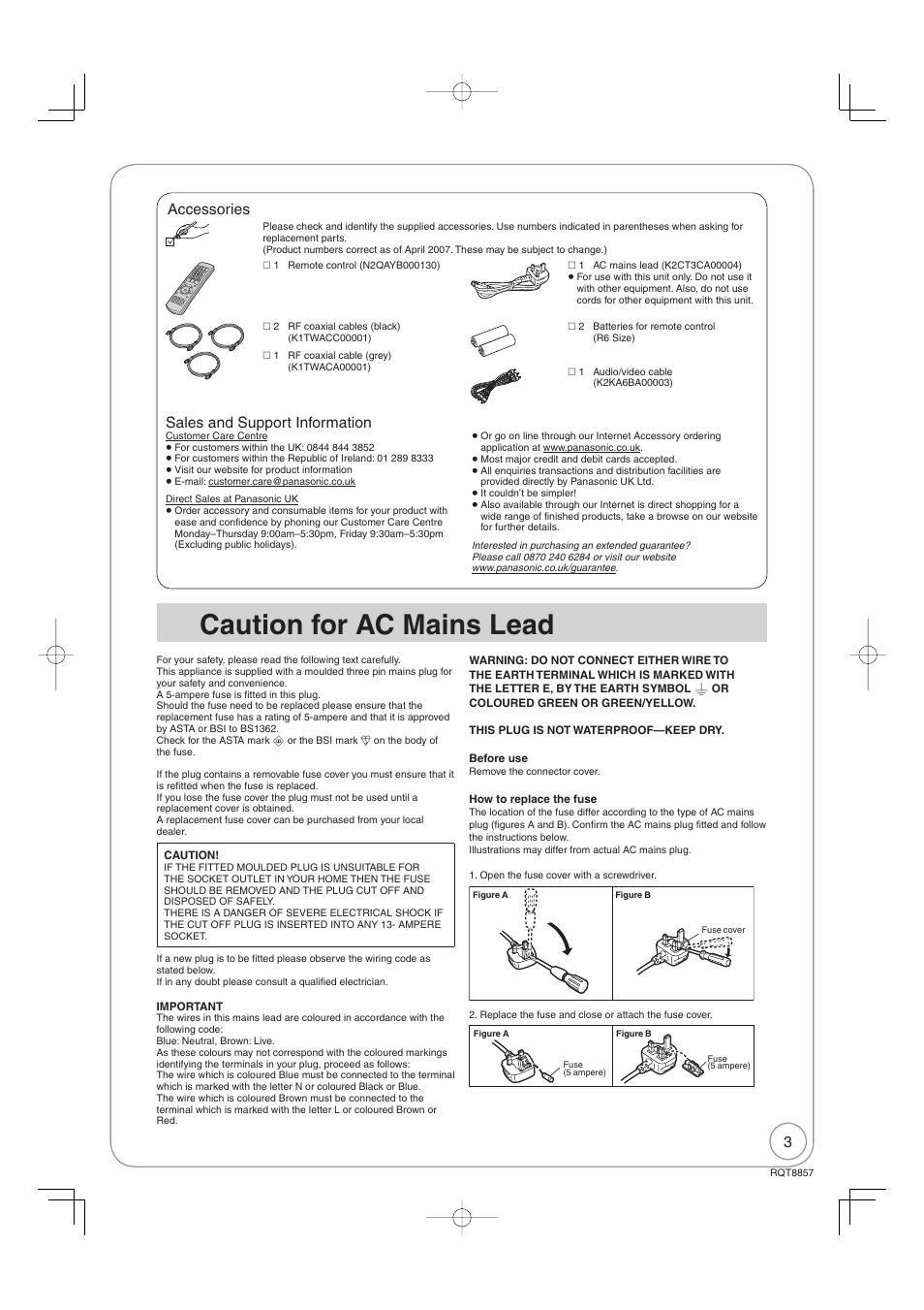 Caution for ac mains lead, Accessories, Sales and support information | Panasonic DMR-EZ47VEB User Manual | Page 3 / 96