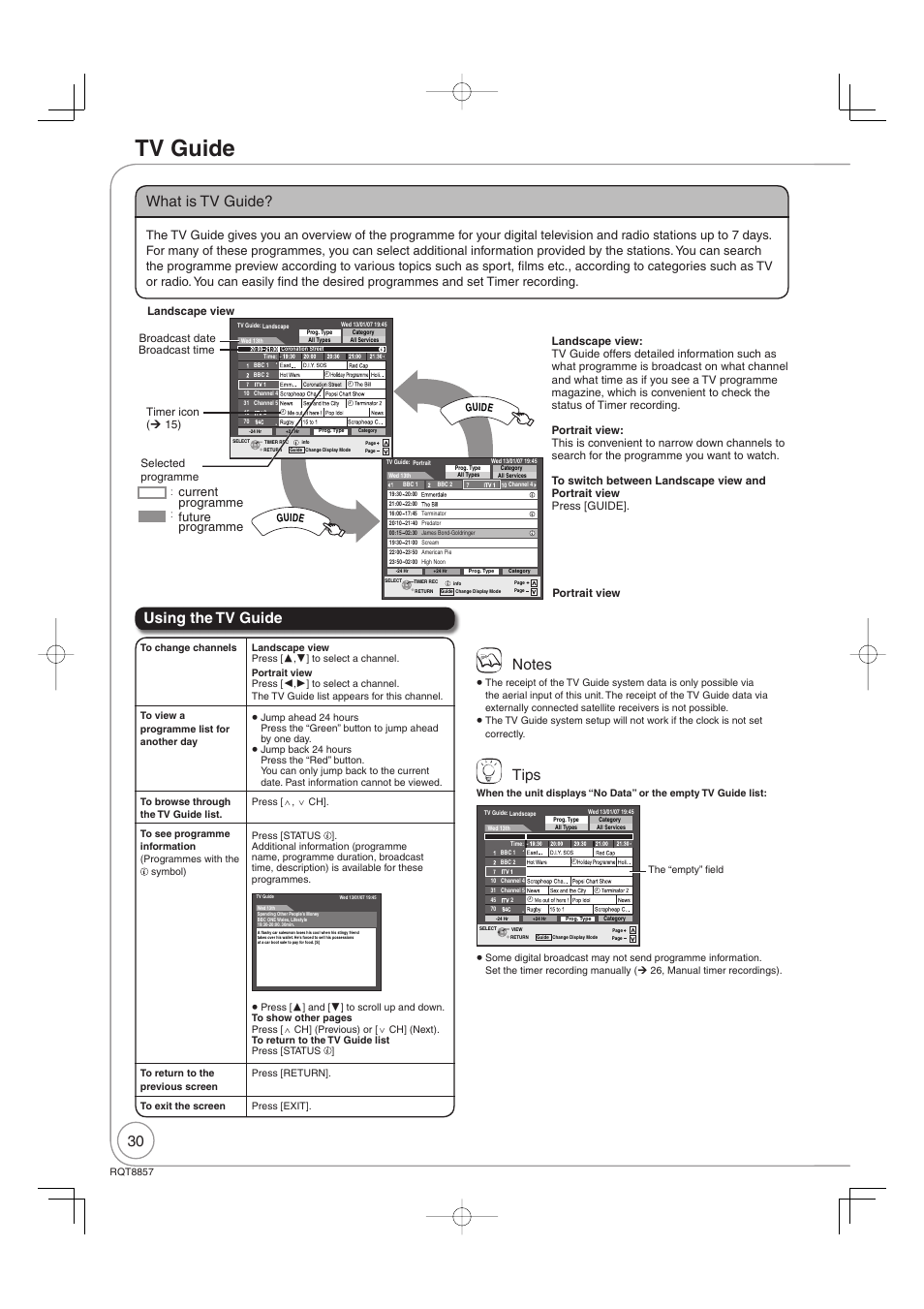Tv guide, What is tv guide, Tips | Using the tv guide, Current programme, Future programme, Landscape view portrait view, Guide | Panasonic DMR-EZ47VEB User Manual | Page 30 / 96
