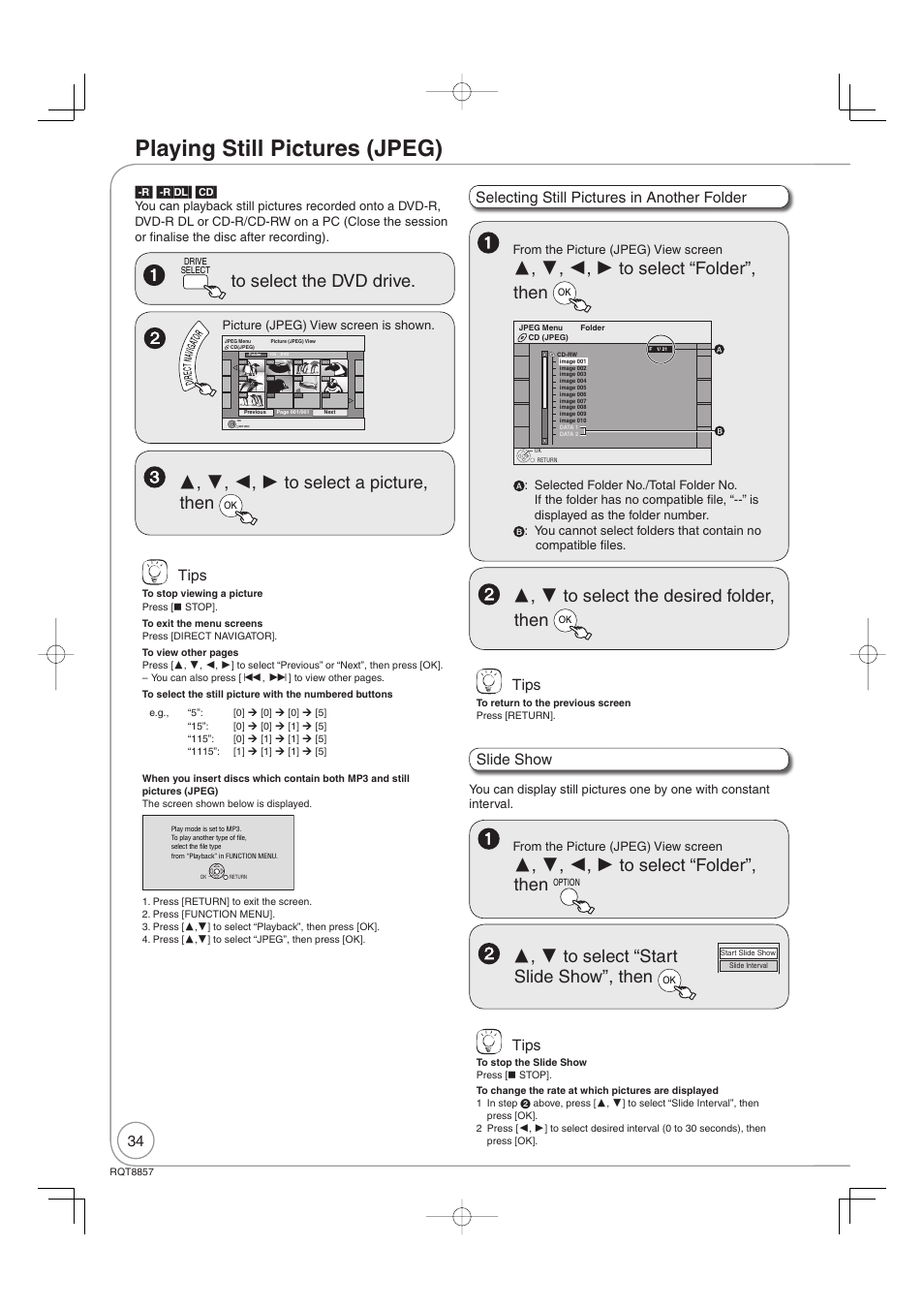 Playing still pictures (jpeg), Tips, Slide show tips | Selecting still pictures in another folder tips | Panasonic DMR-EZ47VEB User Manual | Page 34 / 96