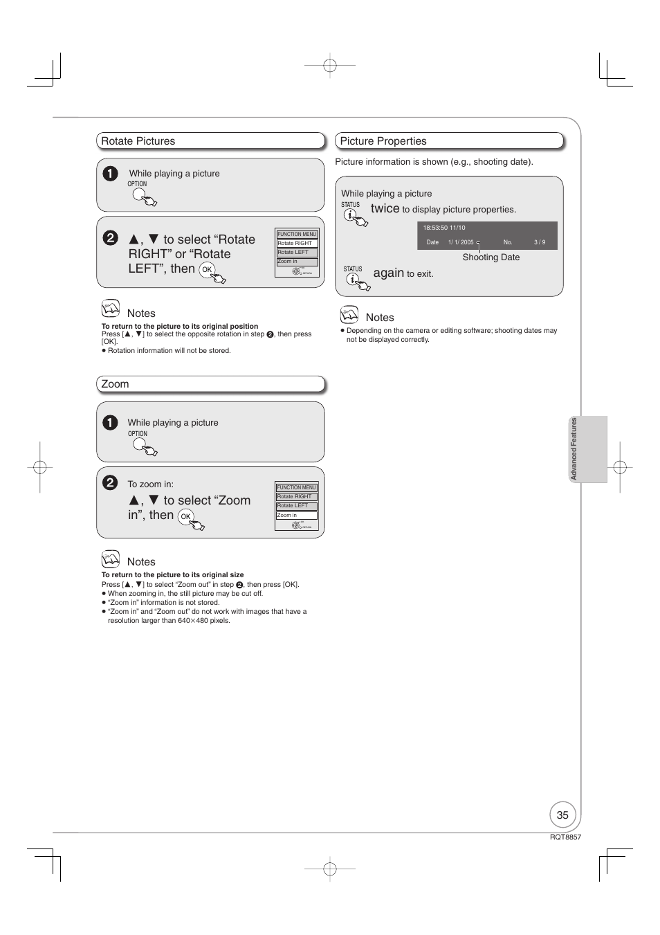 Twice, Again, Rotate pictures | Zoom, Picture properties | Panasonic DMR-EZ47VEB User Manual | Page 35 / 96