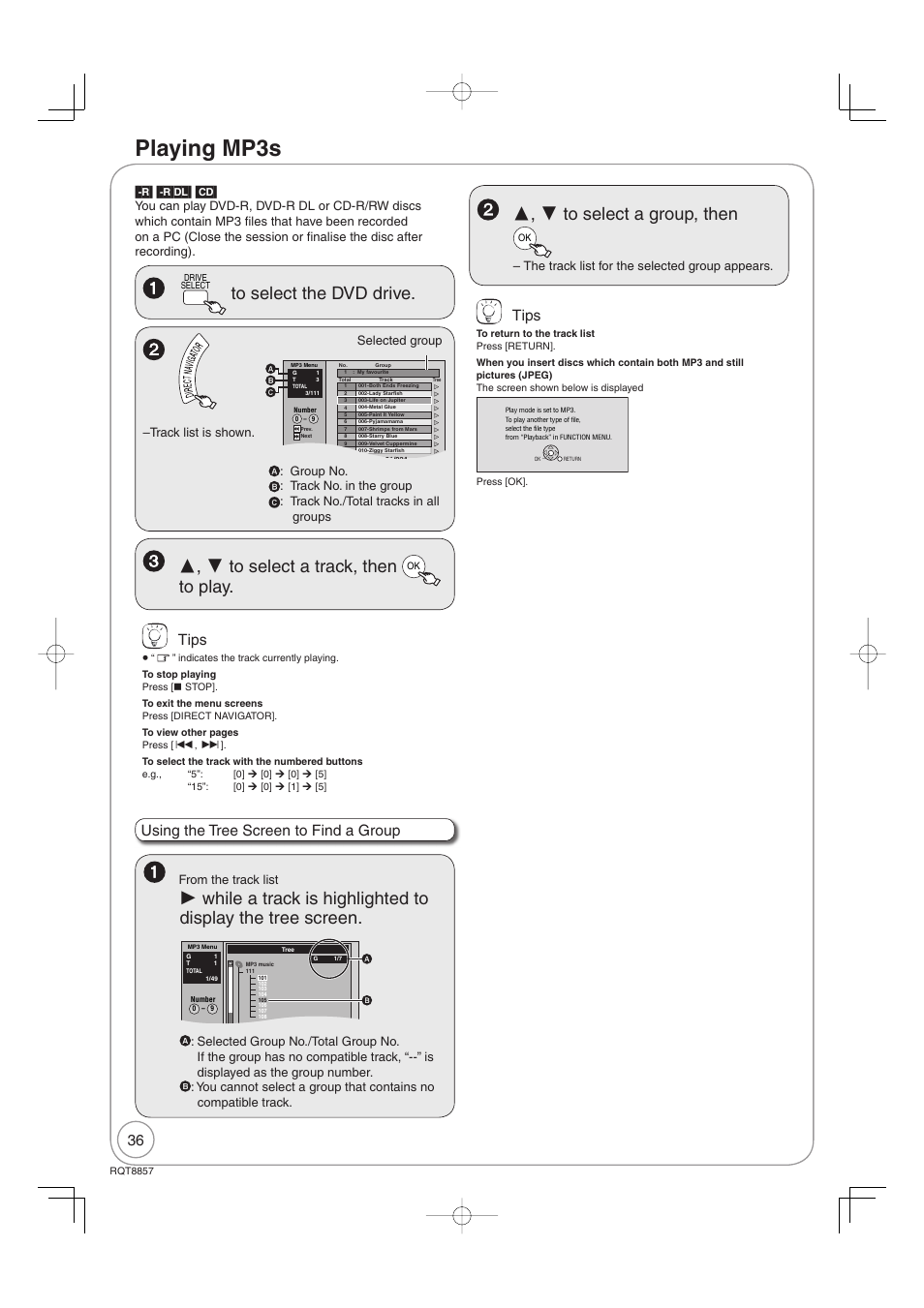 Playing mp3s, Tips, Using the tree screen to find a group | Panasonic DMR-EZ47VEB User Manual | Page 36 / 96