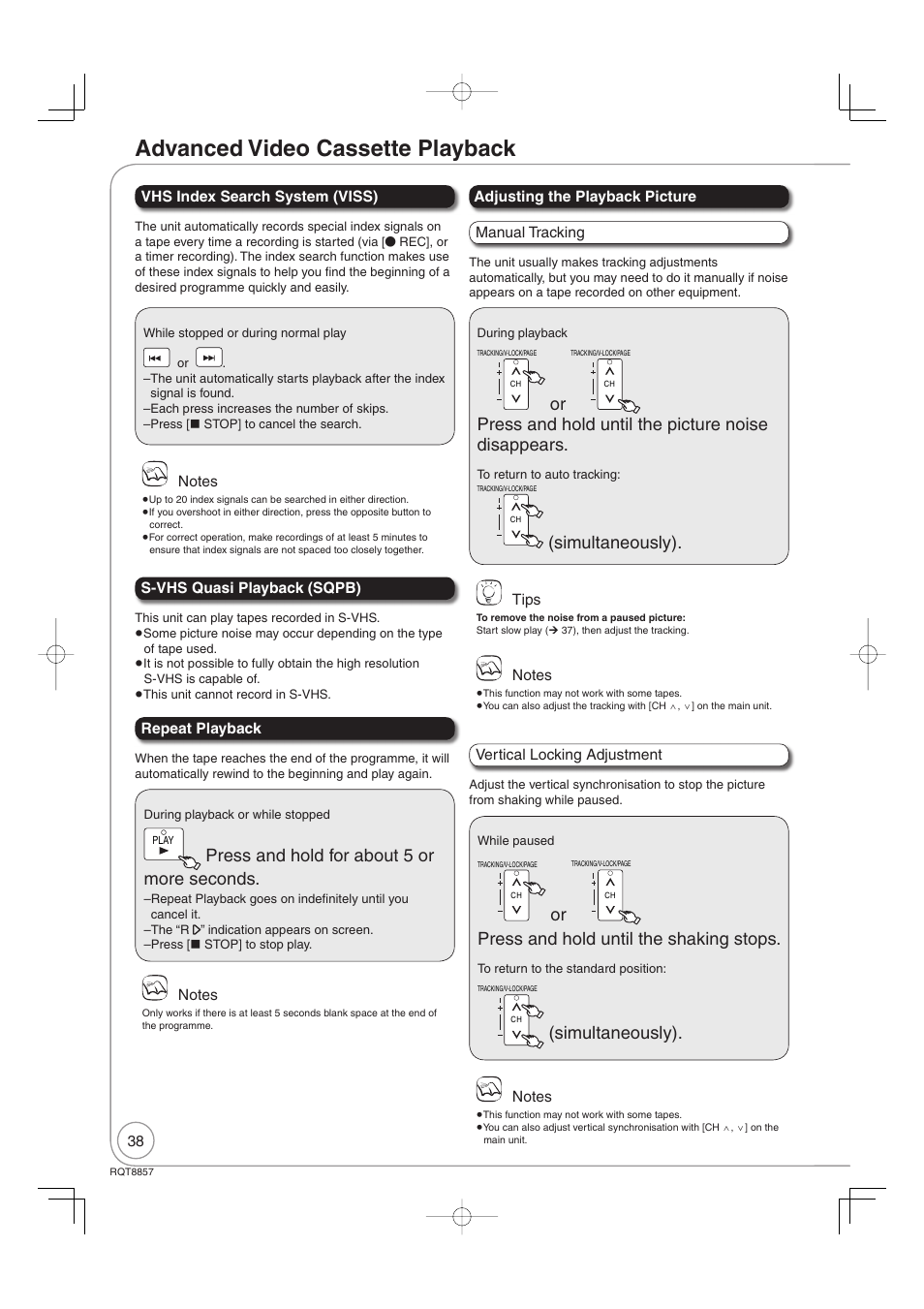 Advanced video cassette playback, Press and hold for about 5 or more seconds, Press and hold until the picture noise disappears | Simultaneously), Press and hold until the shaking stops | Panasonic DMR-EZ47VEB User Manual | Page 38 / 96