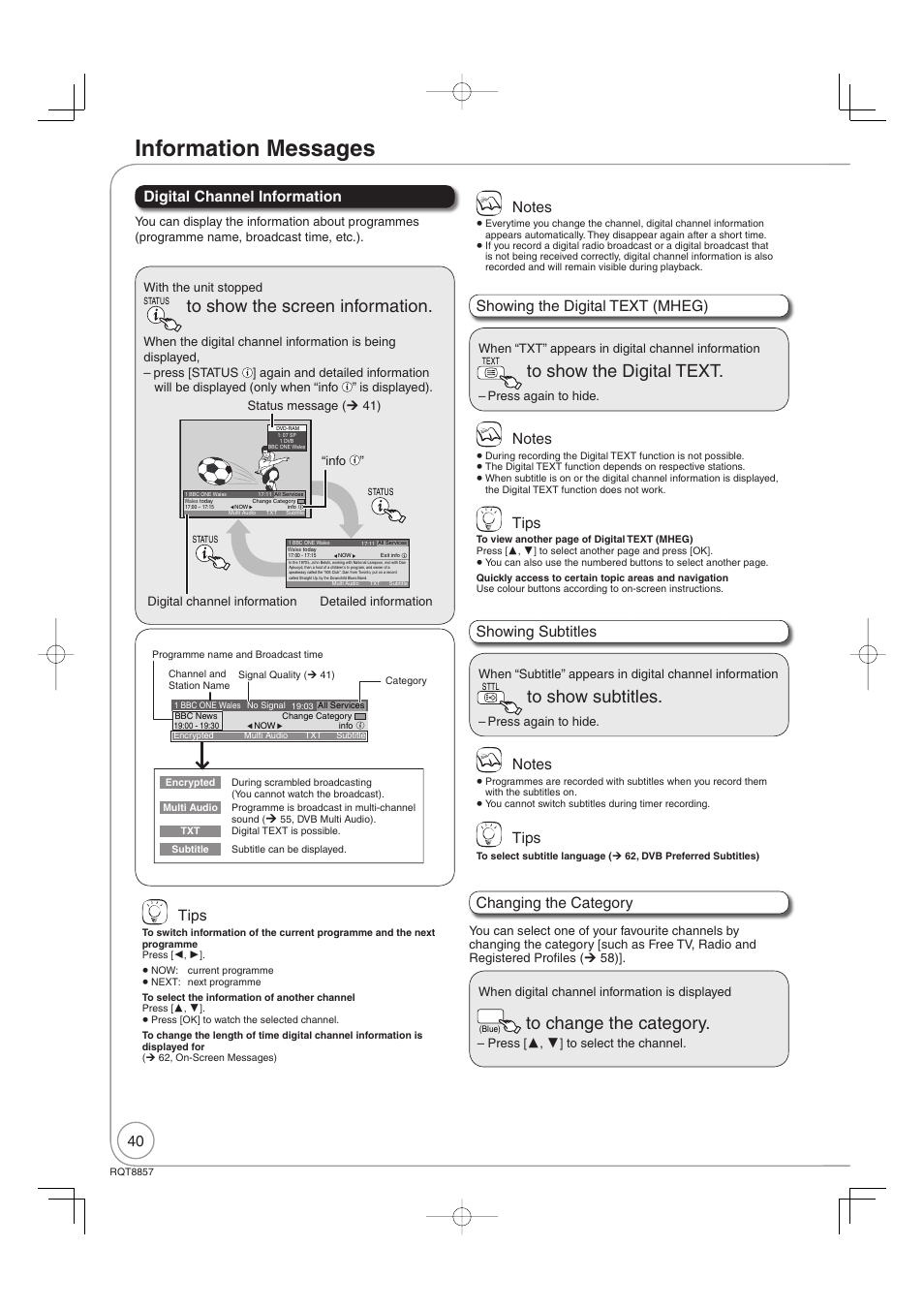 Information messages, Digital channel information, Tips | Changing the category, Showing the digital text (mheg), Showing subtitles | Panasonic DMR-EZ47VEB User Manual | Page 40 / 96