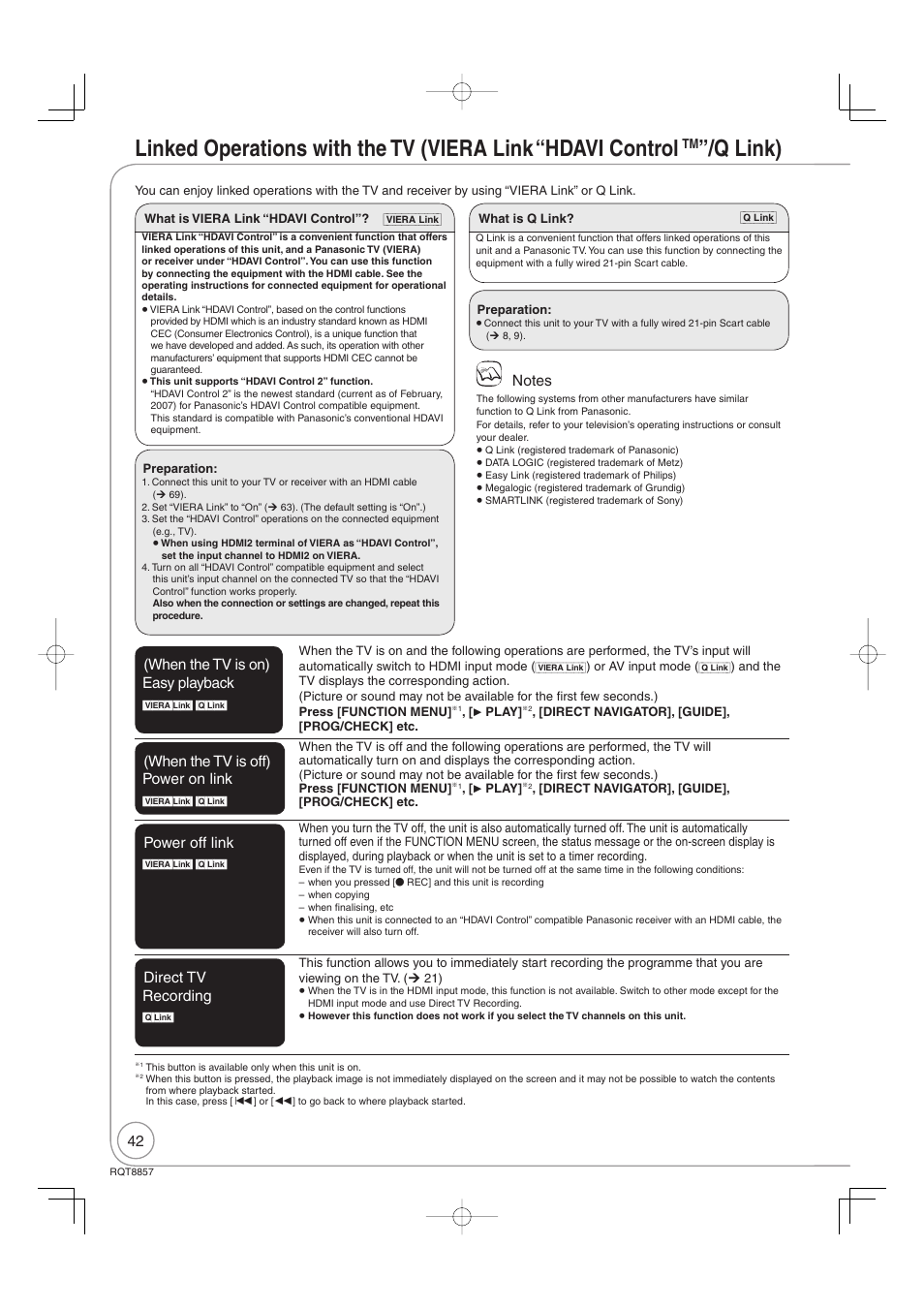 Linked operations with the tv (viera link, Hdavi control, Q link) | Panasonic DMR-EZ47VEB User Manual | Page 42 / 96