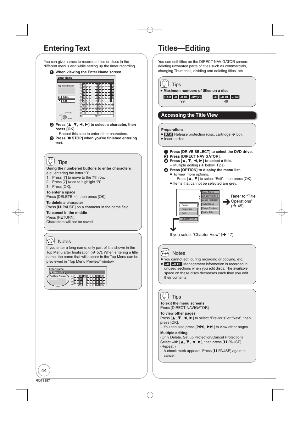 Entering text titles—editing, Tips, Accessing the title view | Panasonic DMR-EZ47VEB User Manual | Page 44 / 96