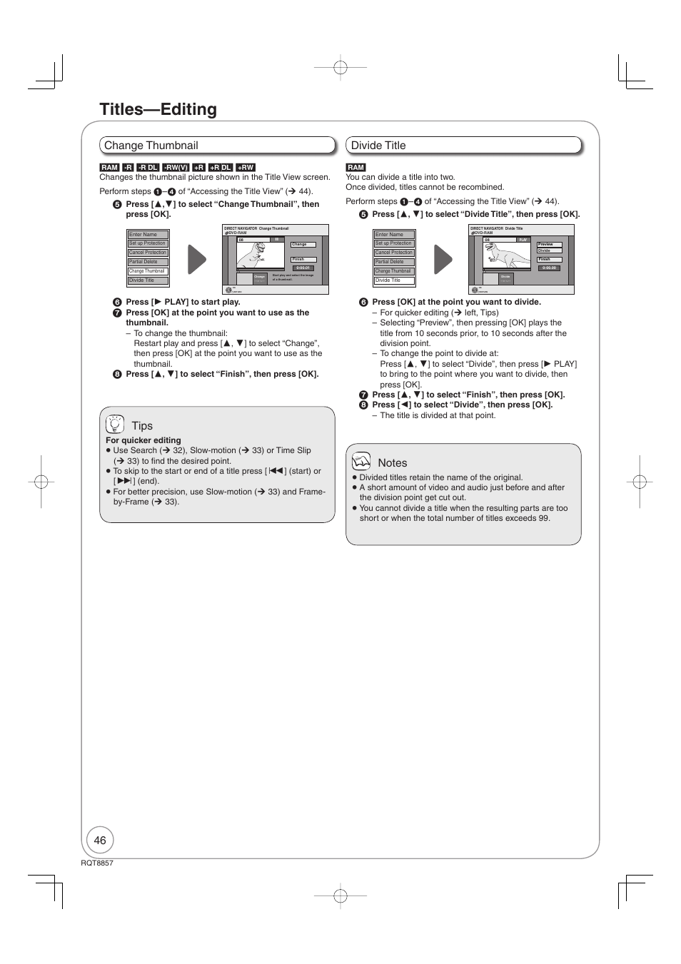 Titles—editing, Divide title, Change thumbnail | Tips | Panasonic DMR-EZ47VEB User Manual | Page 46 / 96