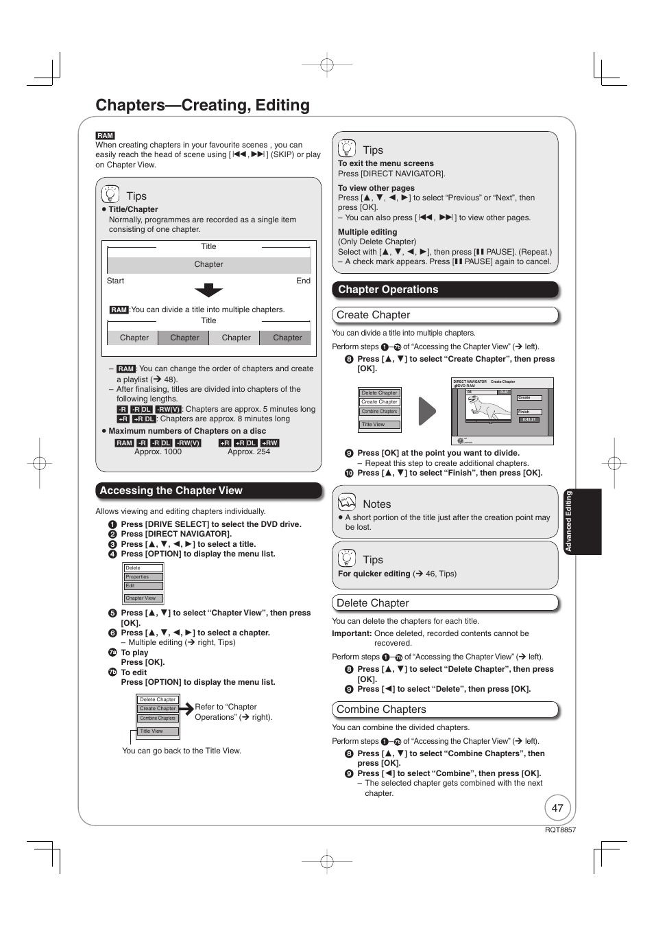 Chapters—creating, editing, Accessing the chapter view, Create chapter chapter operations delete chapter | Combine chapters, Tips | Panasonic DMR-EZ47VEB User Manual | Page 47 / 96