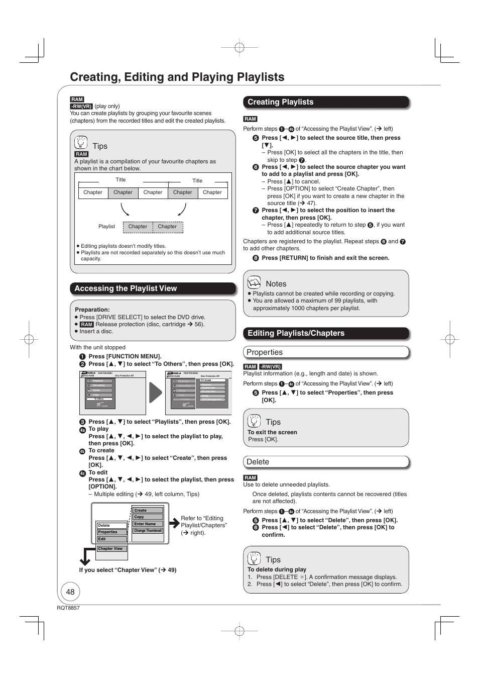 Creating, editing and playing playlists, Creating playlists, Tips | Delete | Panasonic DMR-EZ47VEB User Manual | Page 48 / 96