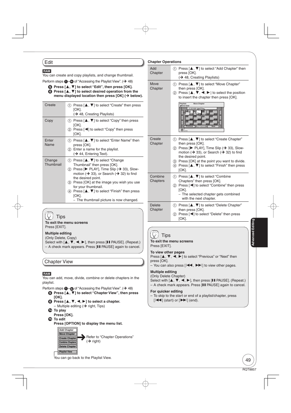 Edit, Tips, Chapter view | Panasonic DMR-EZ47VEB User Manual | Page 49 / 96