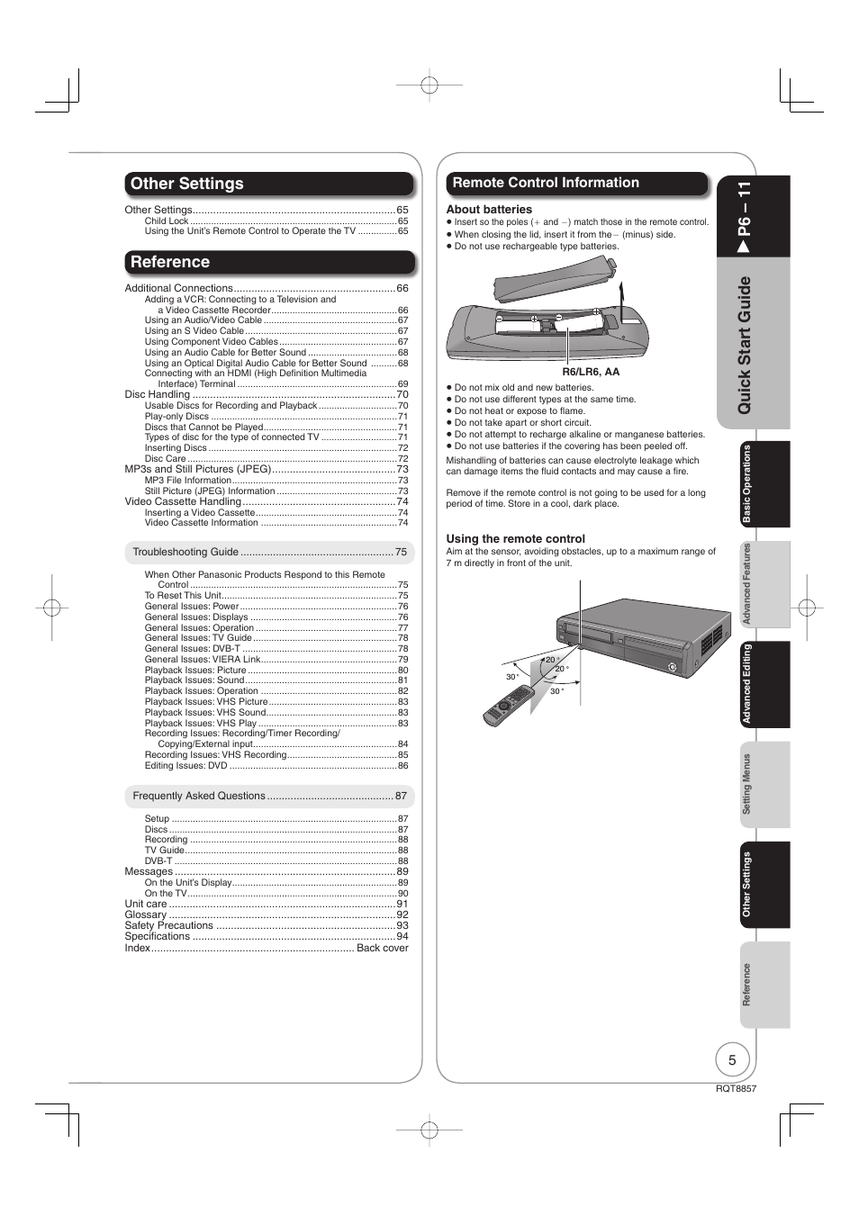 Other settings, Reference, Quic k star t guide p6 – 11 | Remote control information | Panasonic DMR-EZ47VEB User Manual | Page 5 / 96