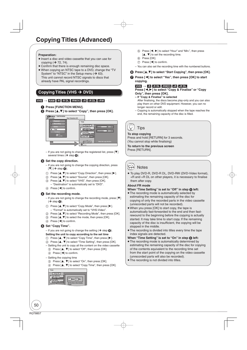 Copying titles (advanced), Copying titles (vhs ¼ dvd), Tips | Panasonic DMR-EZ47VEB User Manual | Page 50 / 96