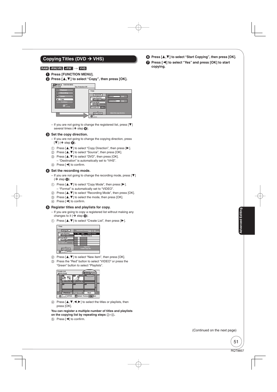 Copying titles (dvd ¼ vhs), Ram] [-rw‹vr›] [+rw]]  [vhs, Press [function menu | Press [  ,  ] to select “copy”, then press [ok, Set the copy direction, Set the recording mode, Register titles and playlists for copy | Panasonic DMR-EZ47VEB User Manual | Page 51 / 96