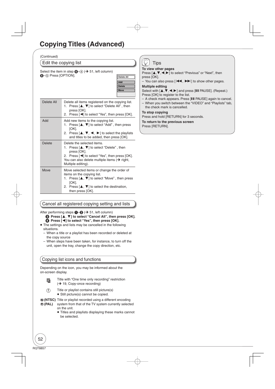 Copying titles (advanced), Tips, Copying list icons and functions | Panasonic DMR-EZ47VEB User Manual | Page 52 / 96
