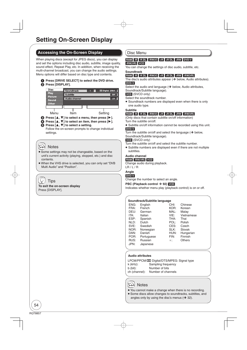 Setting on-screen display, Tips, Accessing the on-screen display | Disc menu | Panasonic DMR-EZ47VEB User Manual | Page 54 / 96