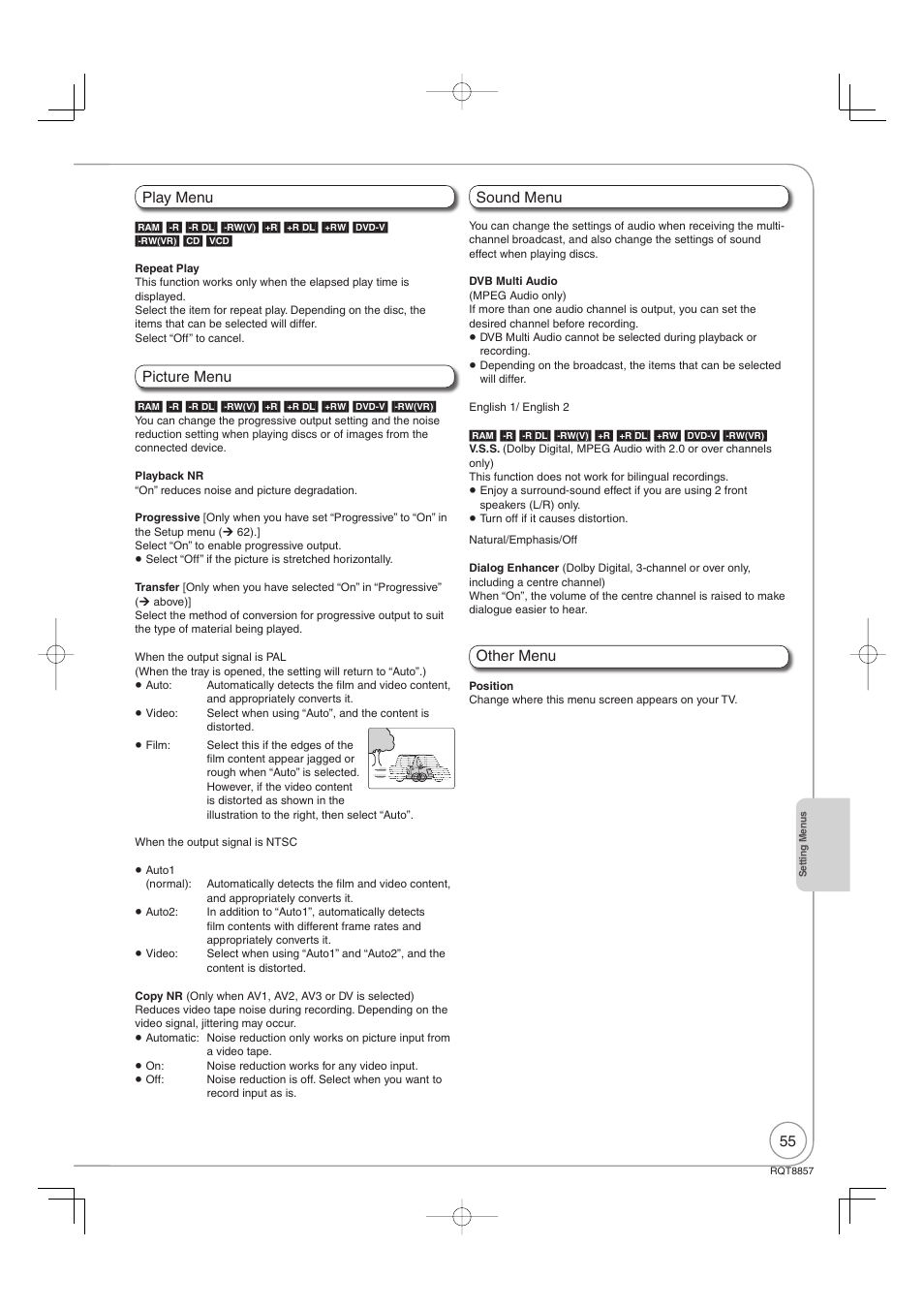 Play menu picture menu sound menu other menu | Panasonic DMR-EZ47VEB User Manual | Page 55 / 96