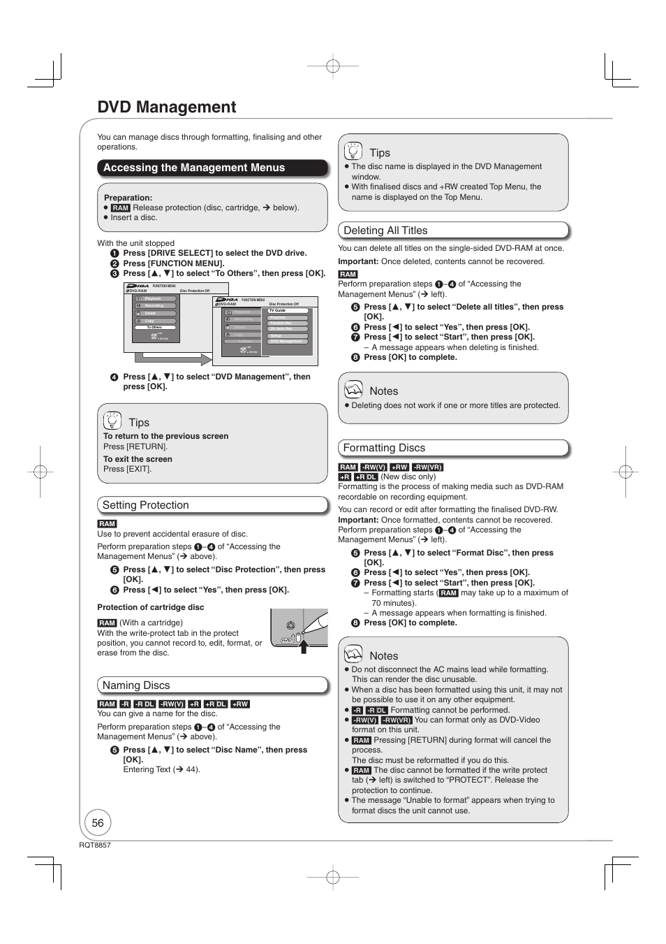 Dvd management, Accessing the management menus tips, Tips | Naming discs setting protection | Panasonic DMR-EZ47VEB User Manual | Page 56 / 96